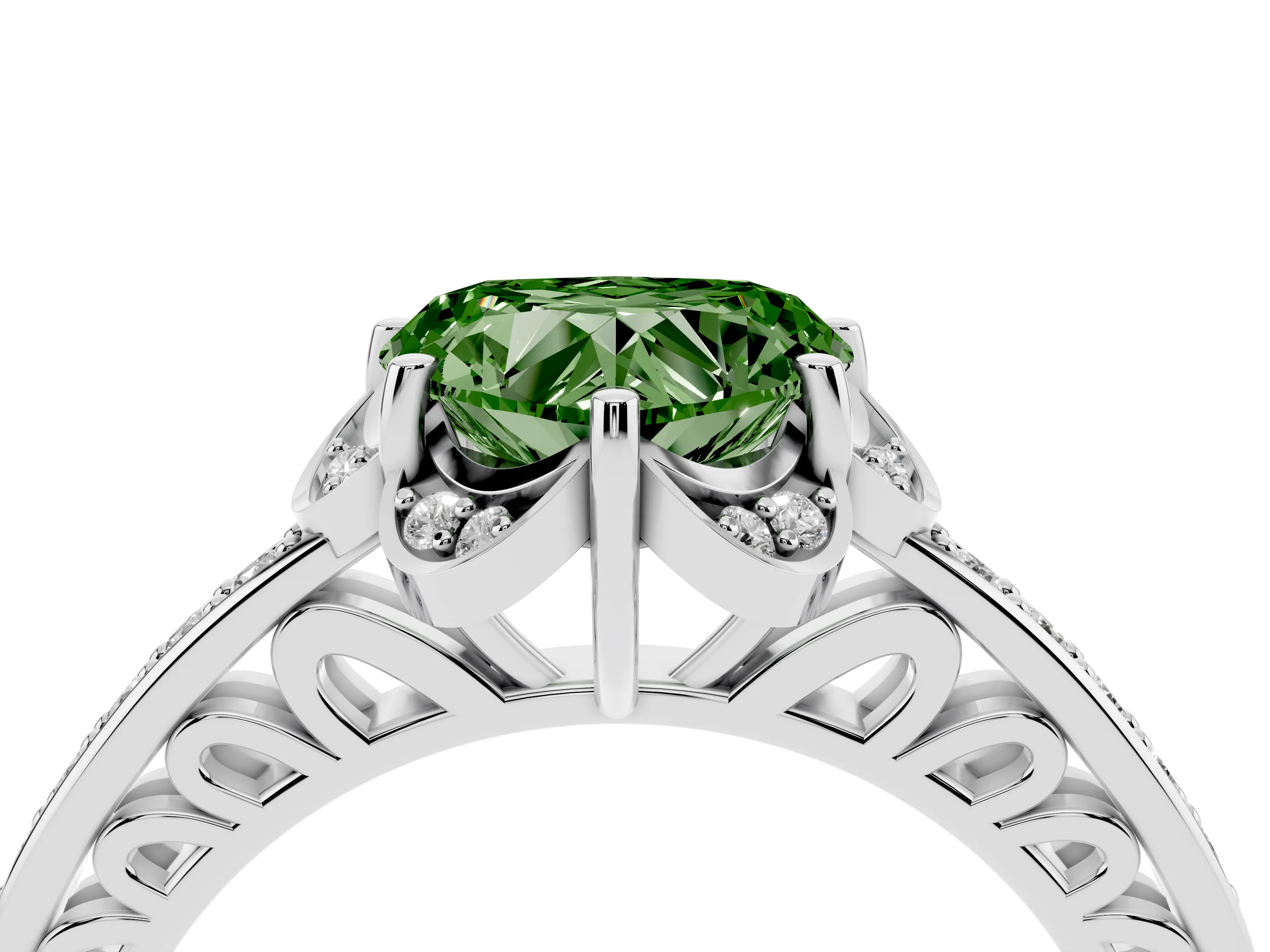 Fancy Green Heart Cut Diamond Halo Ring Set in Silver with Channel Set Band and Prong Setting