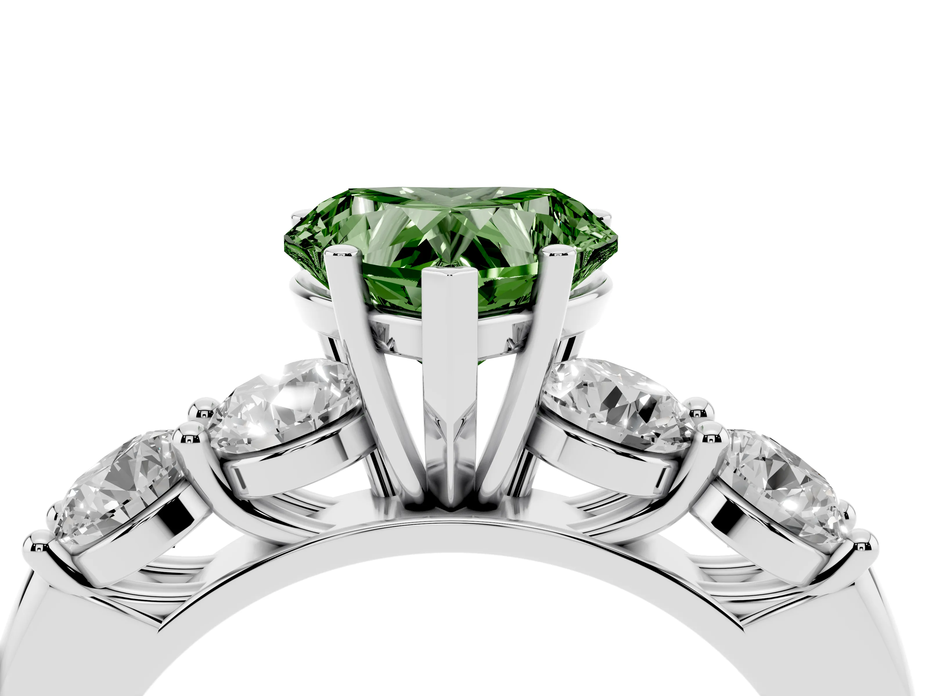 Fancy Green Heart Cut Diamond Five-Stone Prong Set Ring Set in White gold with Classic Band