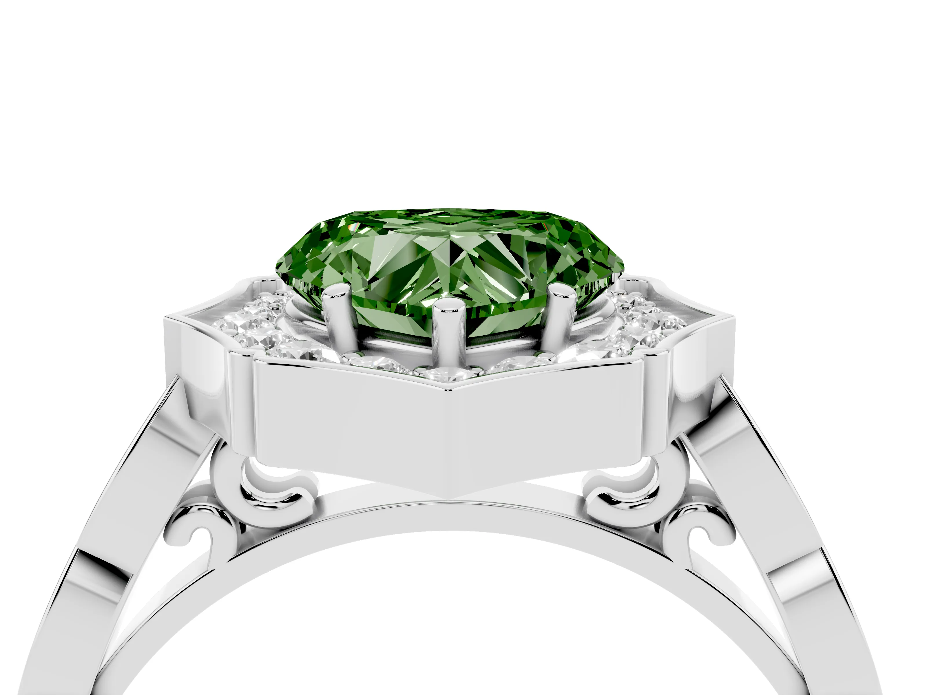 Fancy Green Heart Cut Diamond Halo Engagement Ring Set in White gold with Milgrain Band and Prong Setting