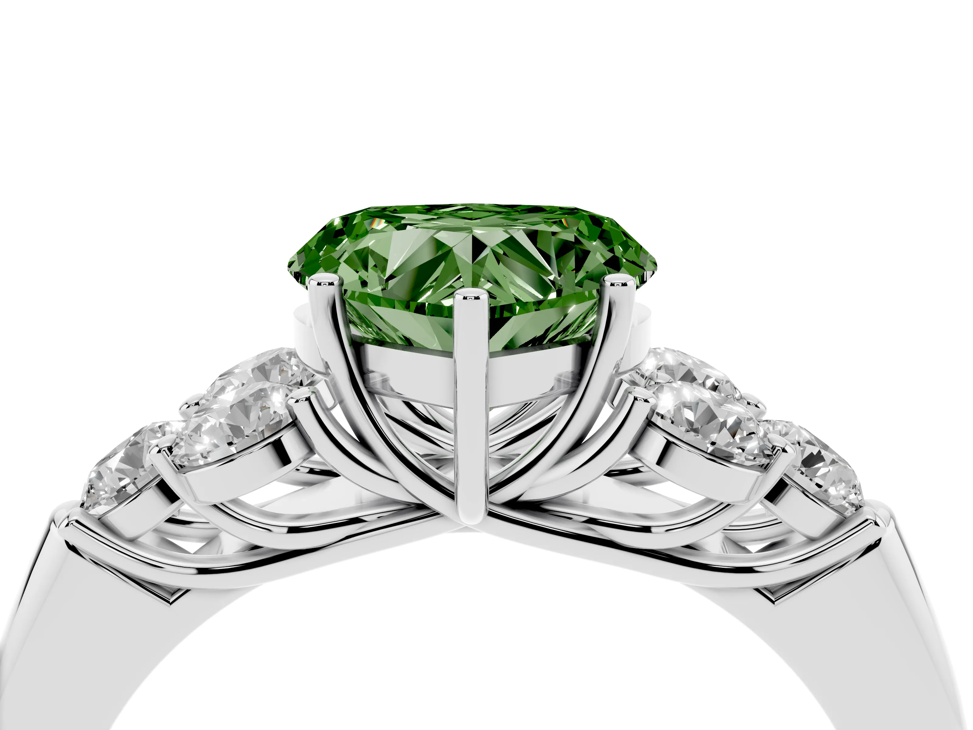 Fancy Green Heart Cut Diamond Cluster Ring Set in Platinum with Round Accent Stones and Prong Setting on a Plain Band