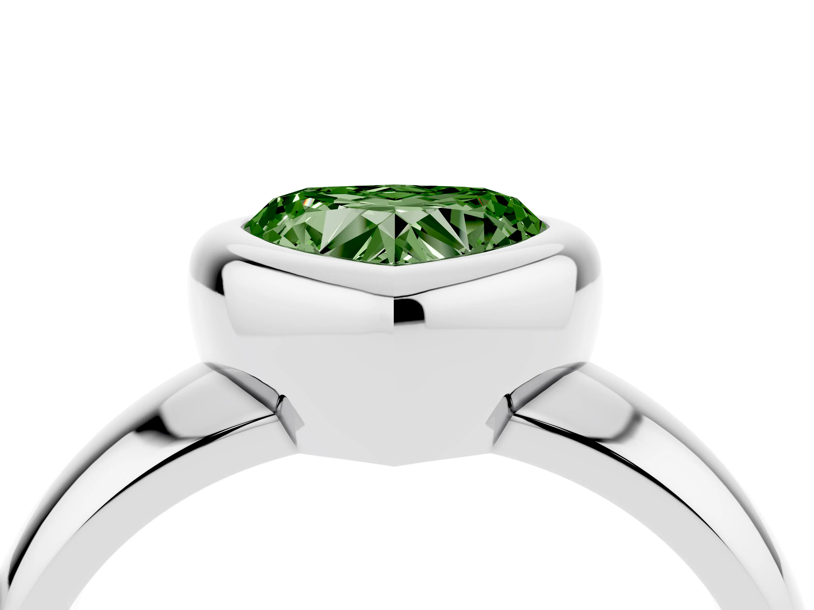 Fancy Green Bezel Set Heart Cut Diamond Solitaire Ring Set in White gold with Wide Band