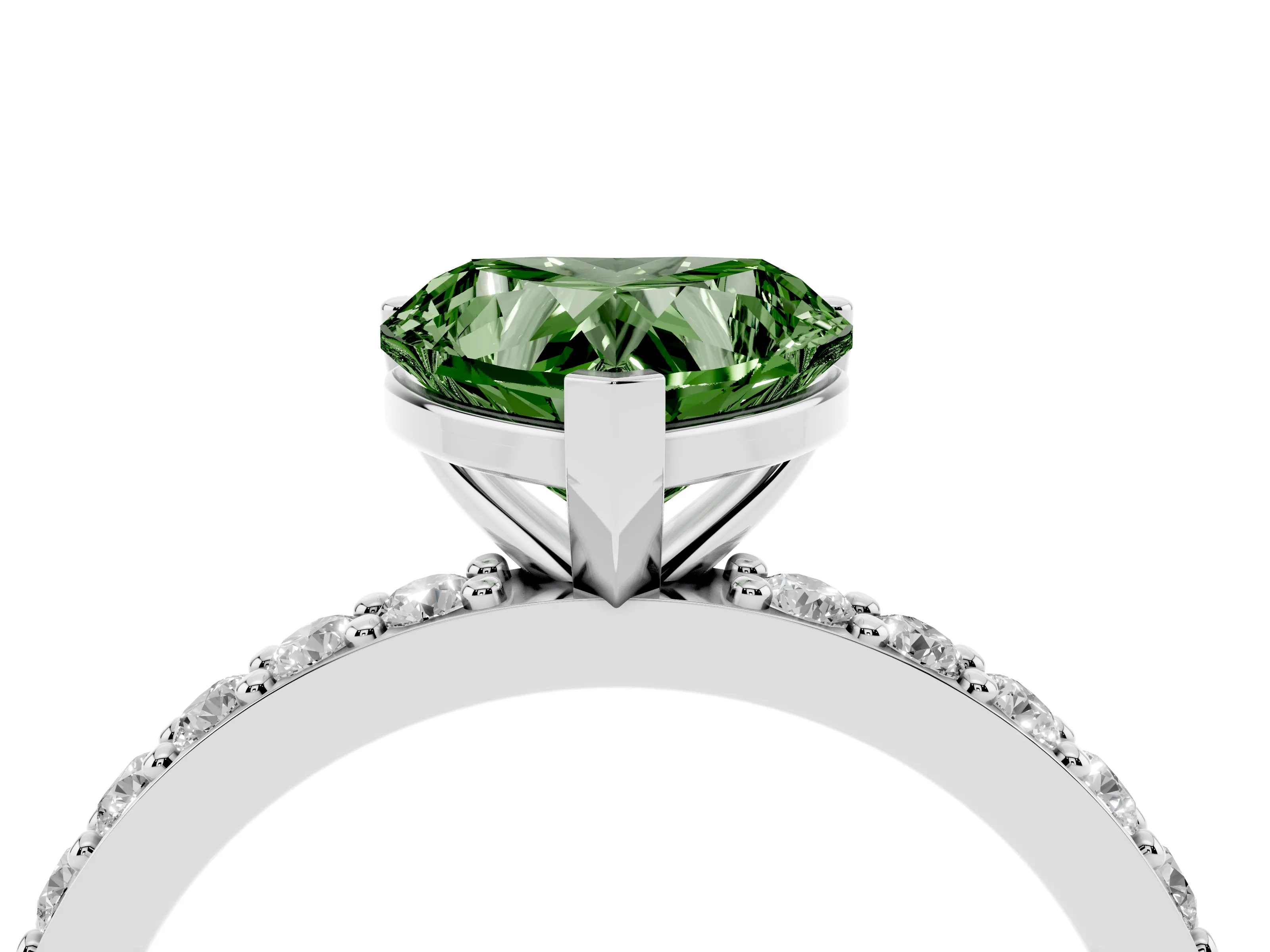 Fancy Green Heart Cut Diamond Solitaire Set in White gold with Round Pavé Band and Prong Setting