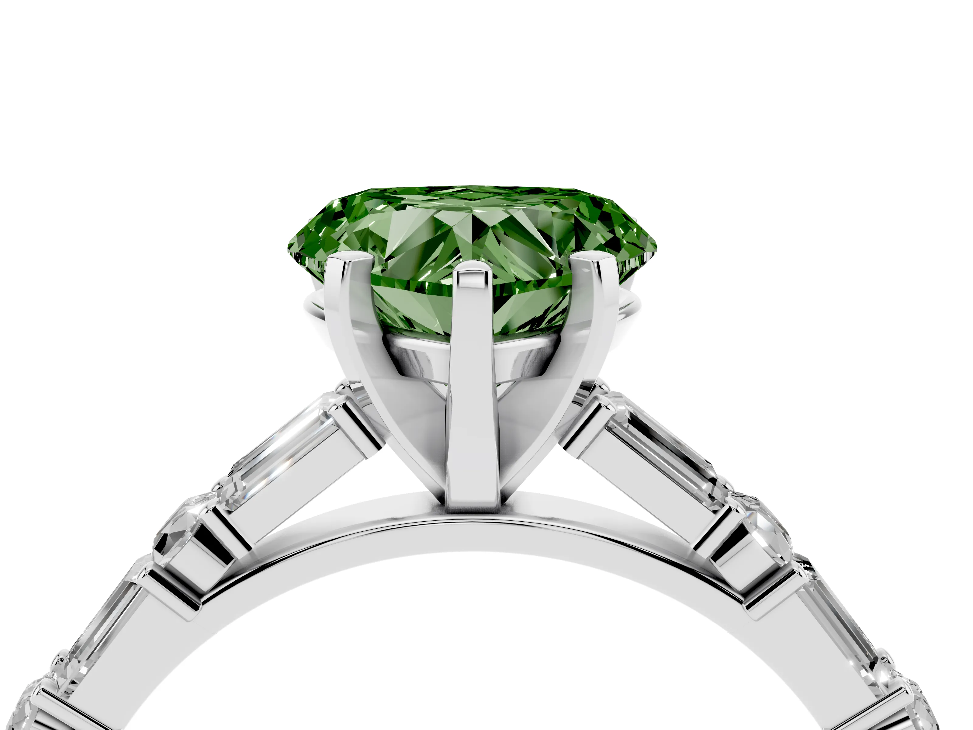 Fancy Green Heart Cut Diamond Solitaire Set in Silver with Side Baguettes and Channel Set Band