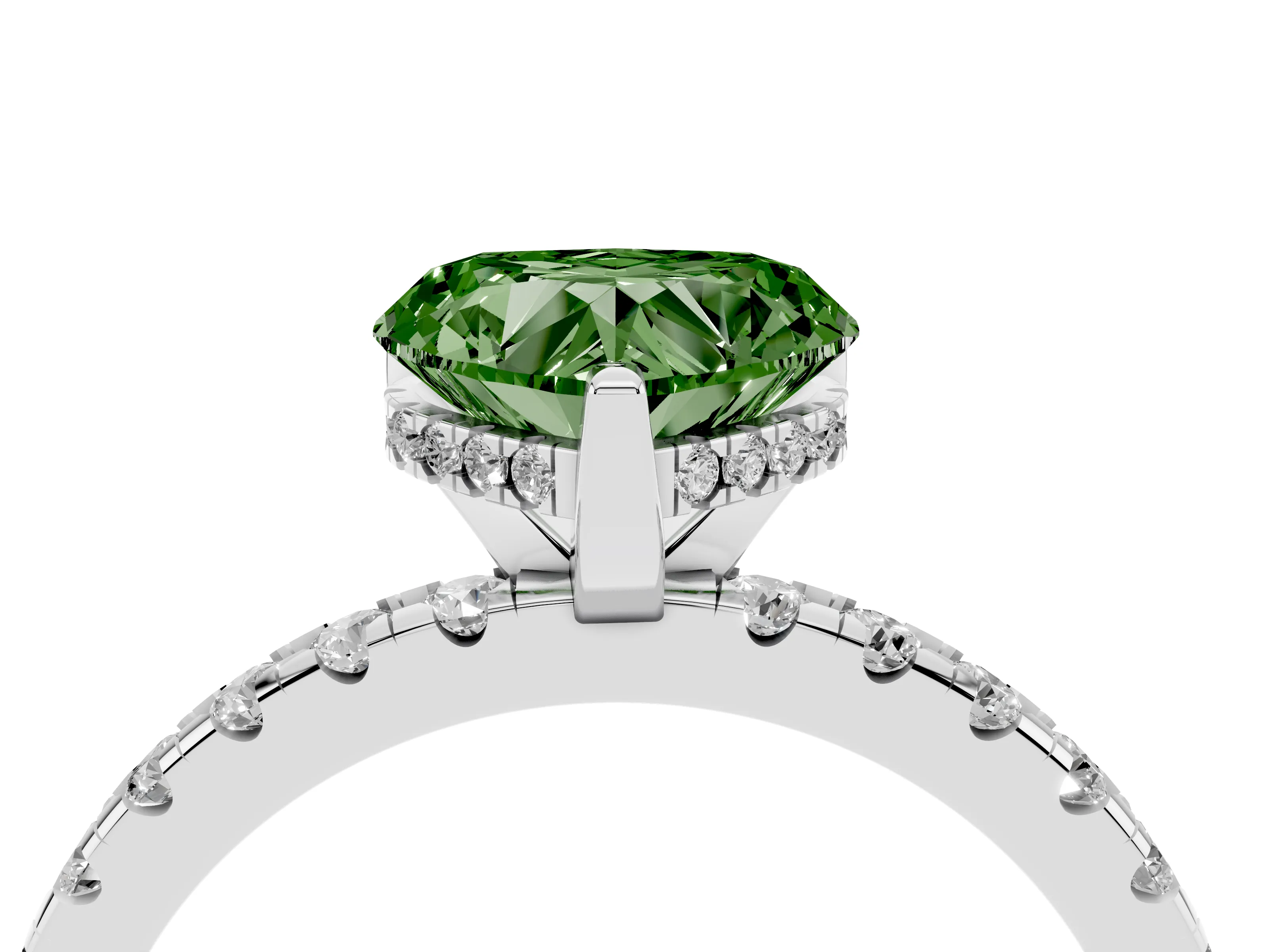 Fancy Green Heart Cut Diamond Pavé Solitaire Ring Set in White gold with Round Band Accents and Prong Setting