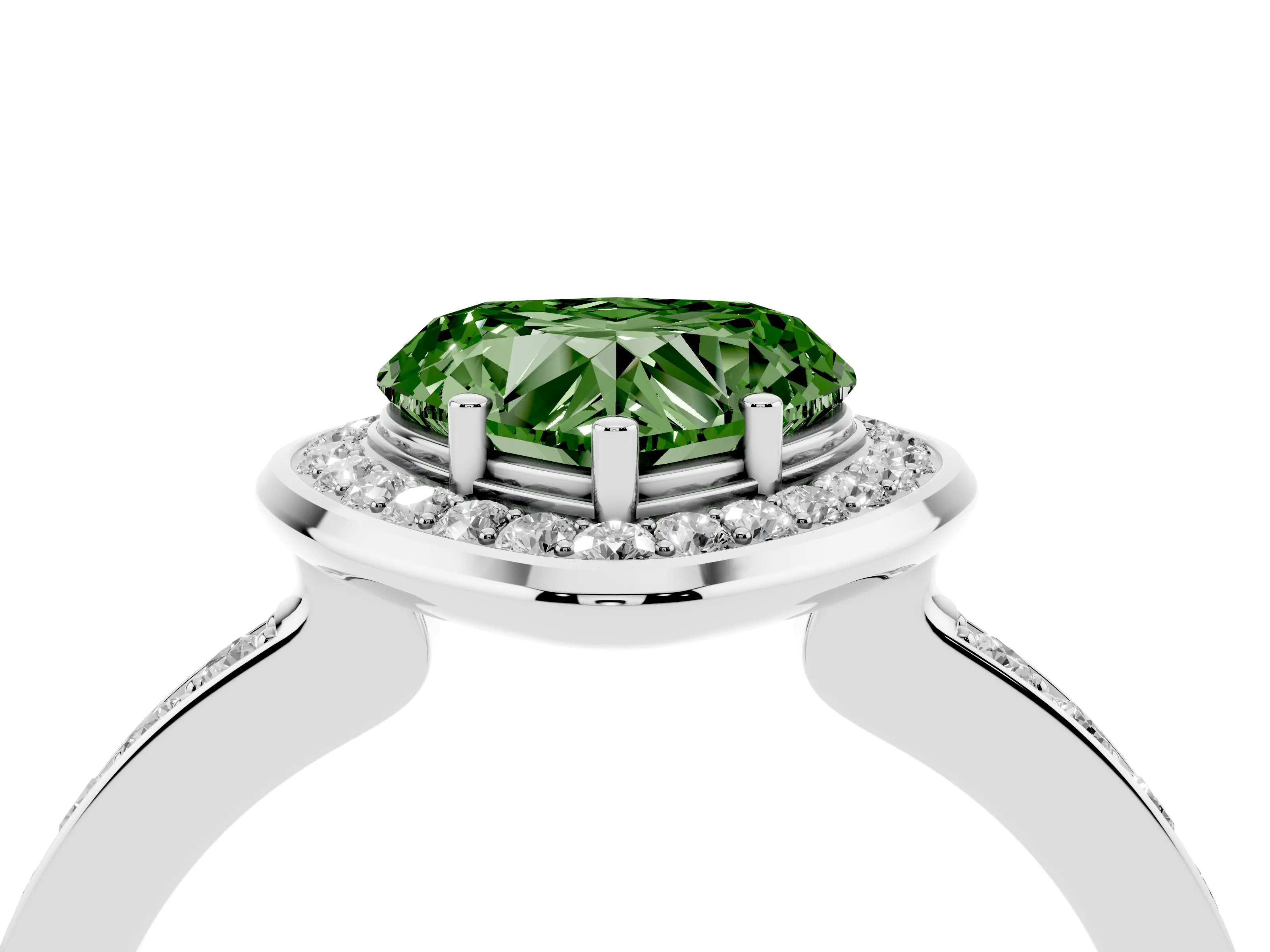 Fancy Green Heart Cut Diamond Halo Ring Set in White gold with Bezel Frame and Pavé Band