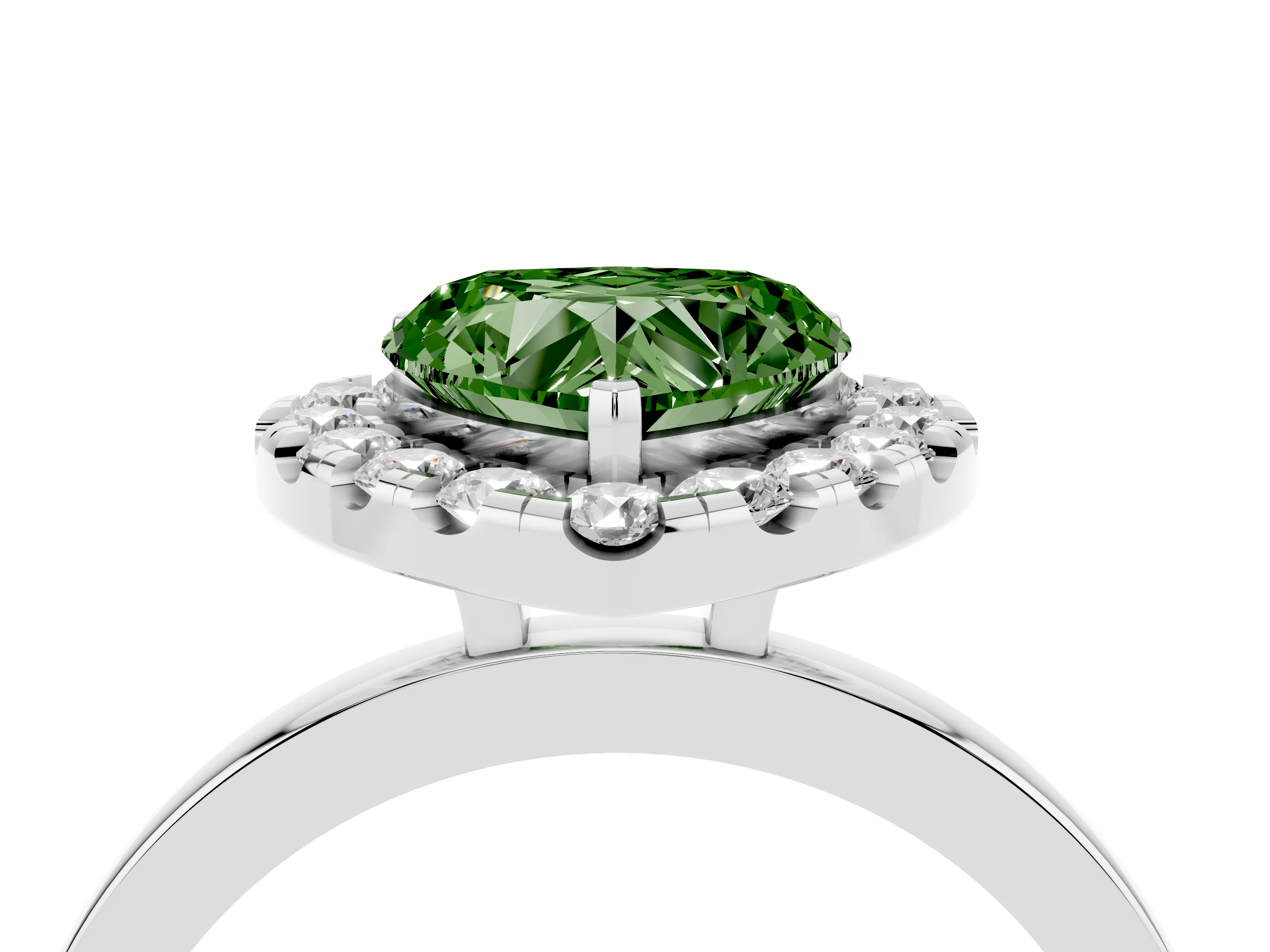 Fancy Green Heart Cut Diamond Halo Solitaire Ring Set in Silver with Pavé Band and Prong Setting