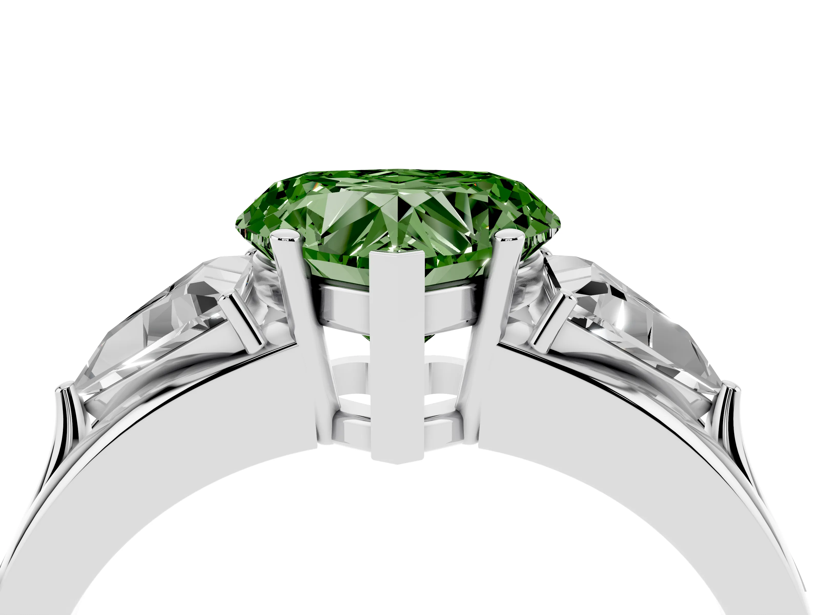Fancy Green Heart Cut Diamond Three-Stone Ring Set in Platinum with Trillion Side Stones and Split Shank