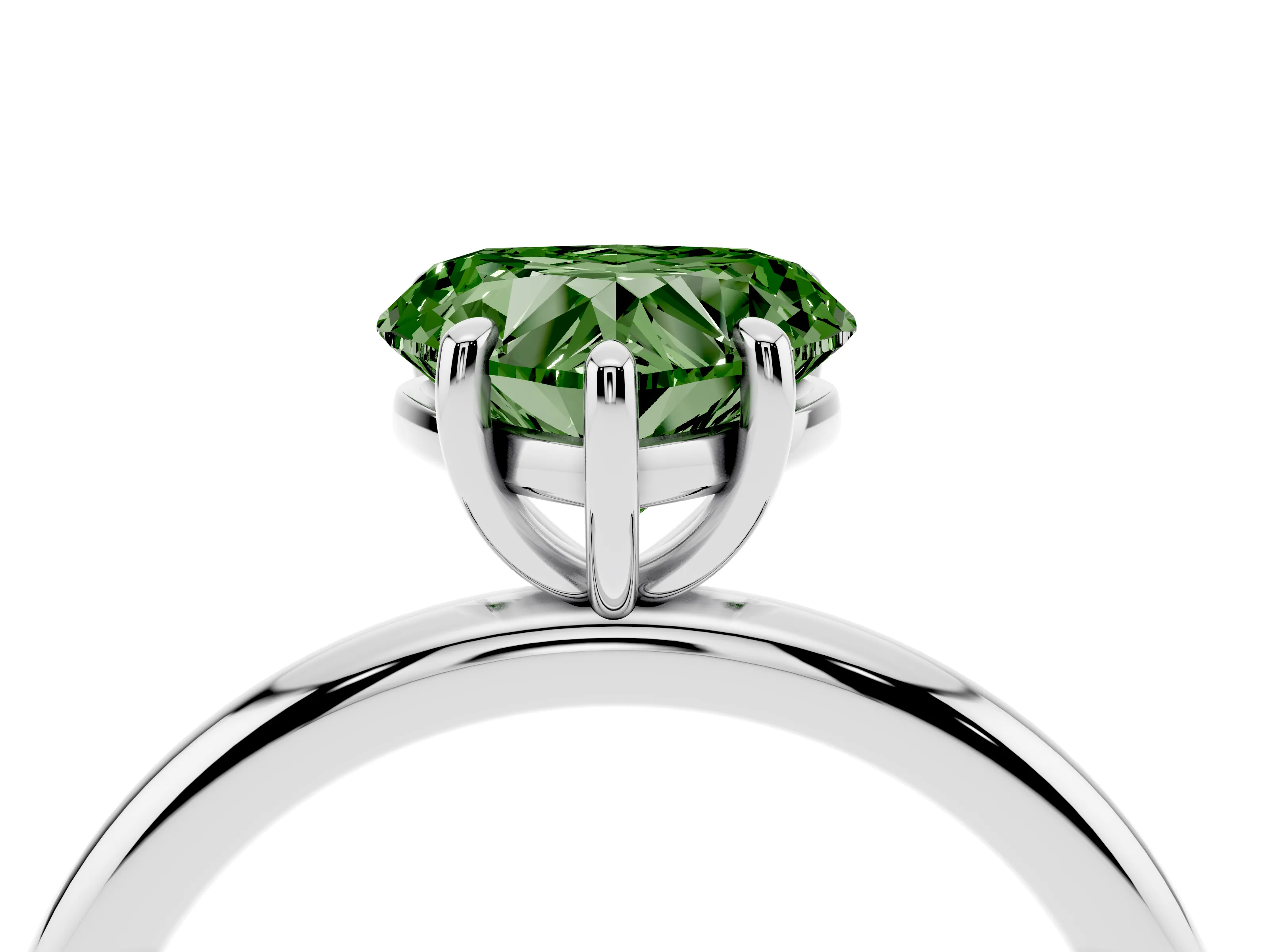 Fancy Green Heart Cut Diamond Solitaire Ring Set in Platinum with Prong Setting on a Polished Plain Band