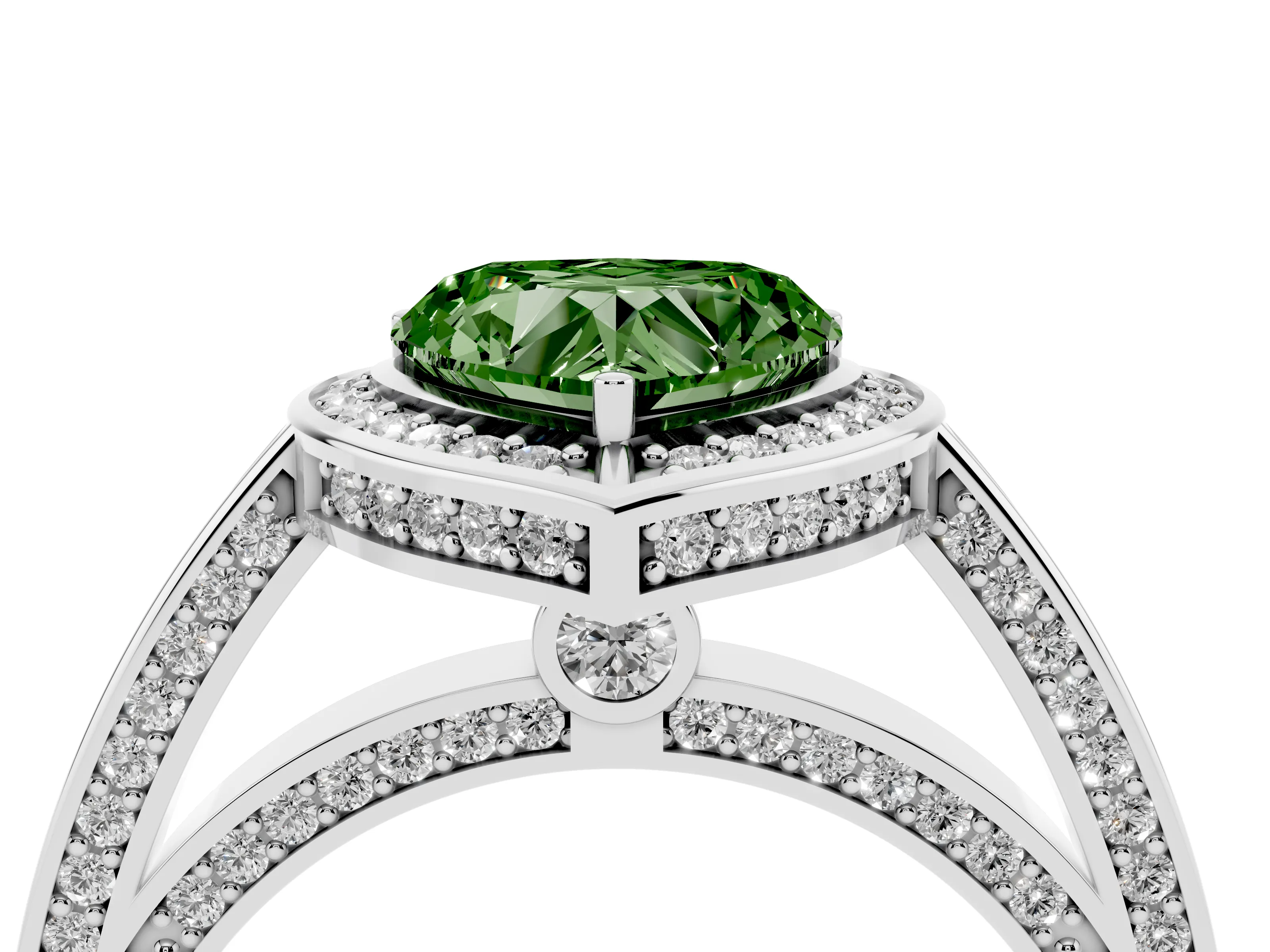 Fancy Green Heart Cut Diamond Halo Pavé Split Shank Ring Set in Platinum with Prong Setting