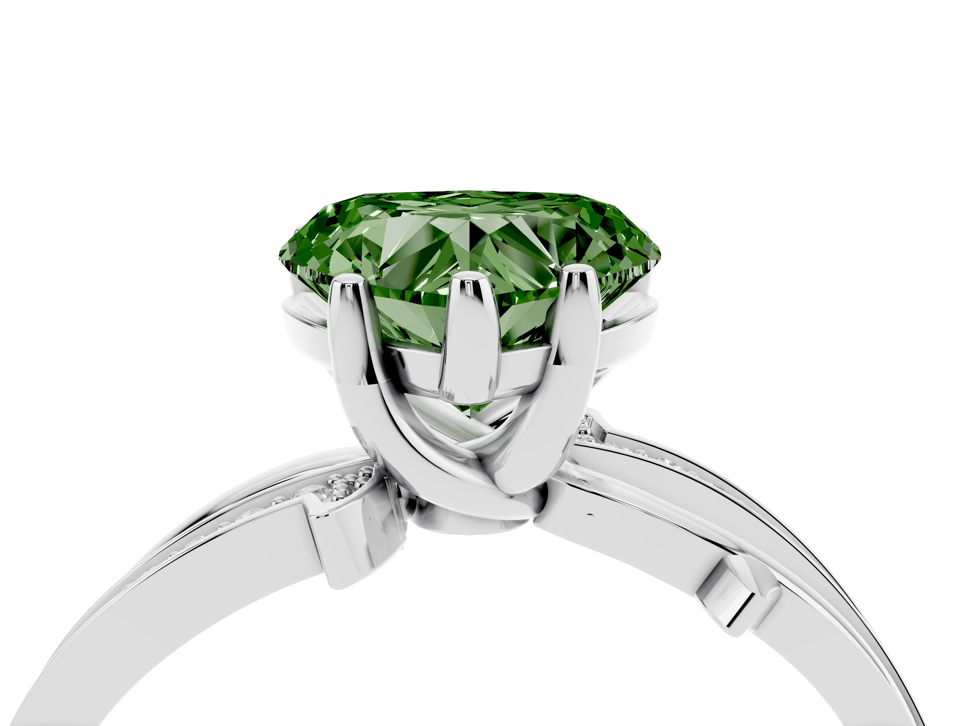 Fancy Green Heart Cut Diamond Pavé Twist Band Solitaire Ring Set in Silver with Prong Setting