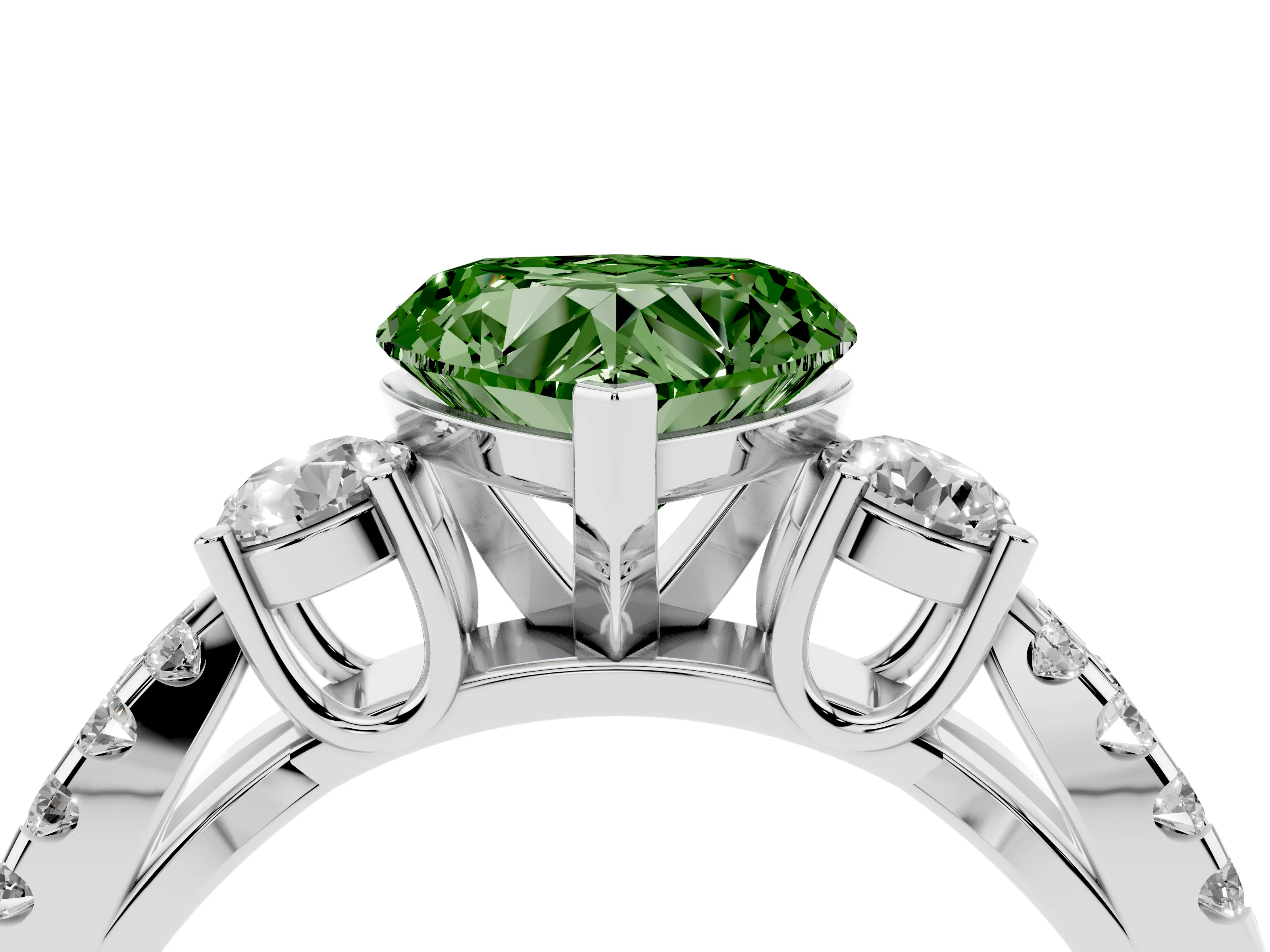 Fancy Green Heart Cut Diamond Three-Stone Ring Set in Platinum with Pavé Split Shank and Prong Setting
