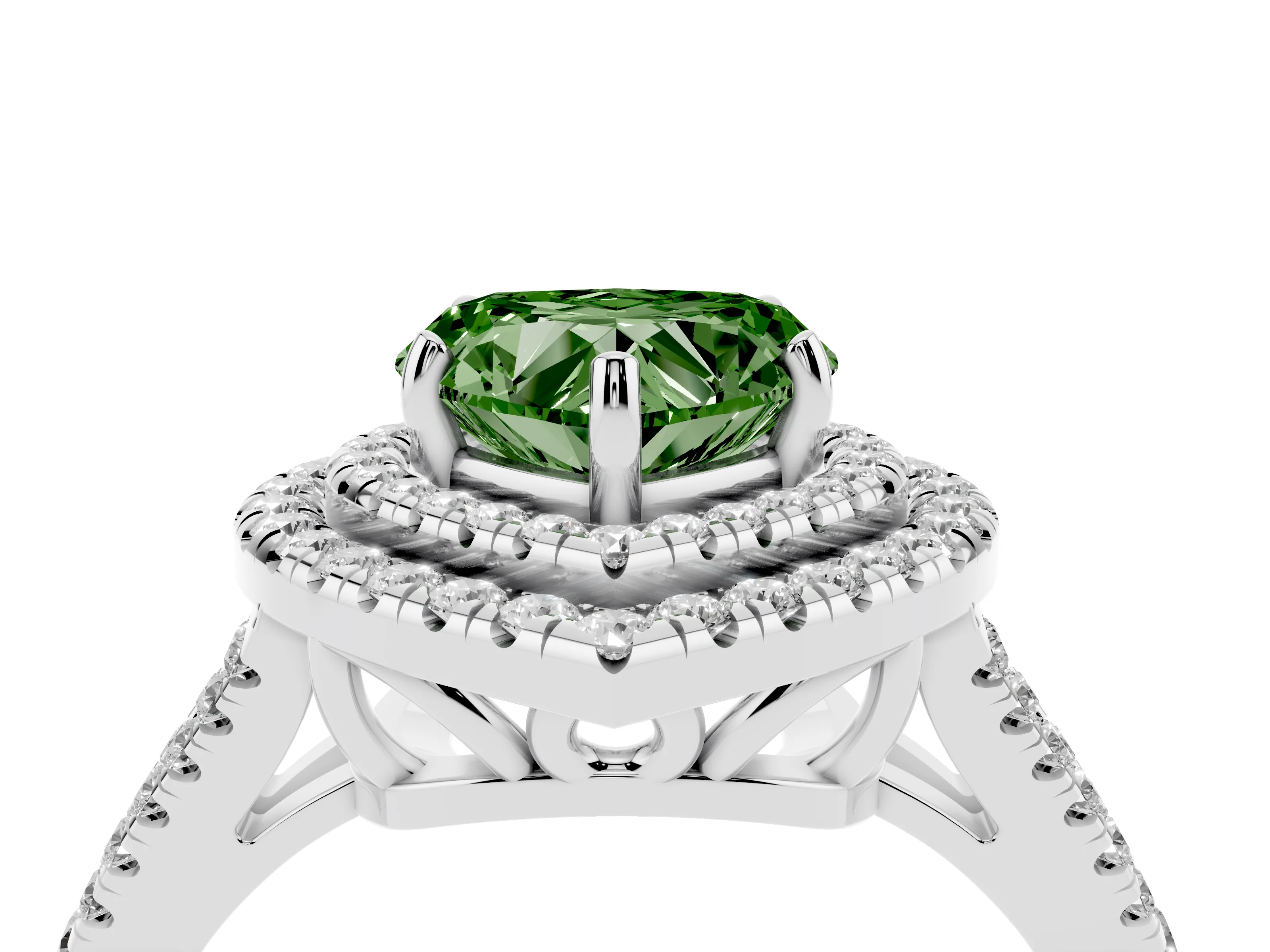 Fancy Green Heart Cut Diamond Double Halo Ring Set in White gold with Pavé Band