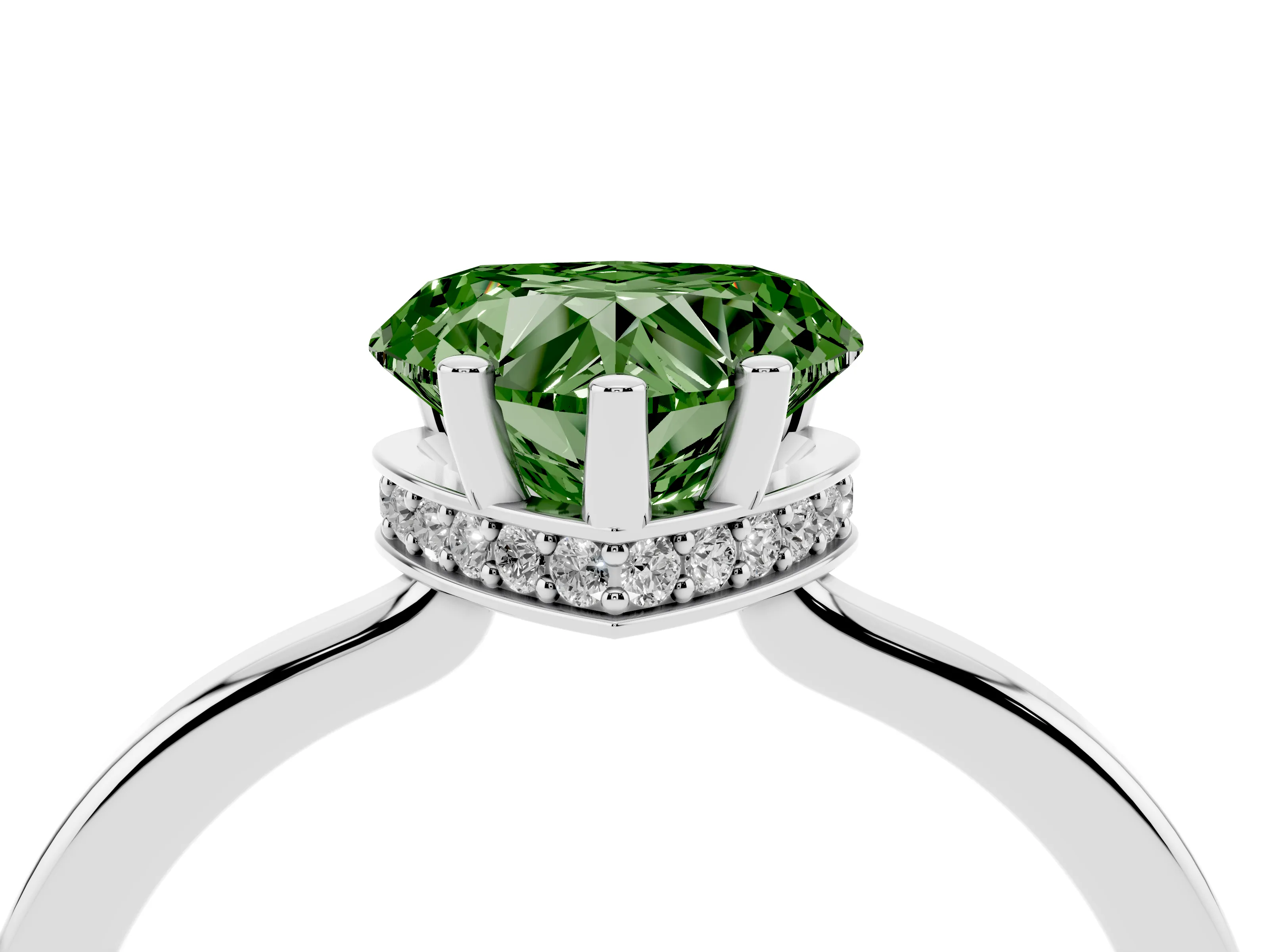 Fancy Green Heart Cut Diamond Solitaire Engagement Ring Set in White gold with Prong Setting on a Plain Band