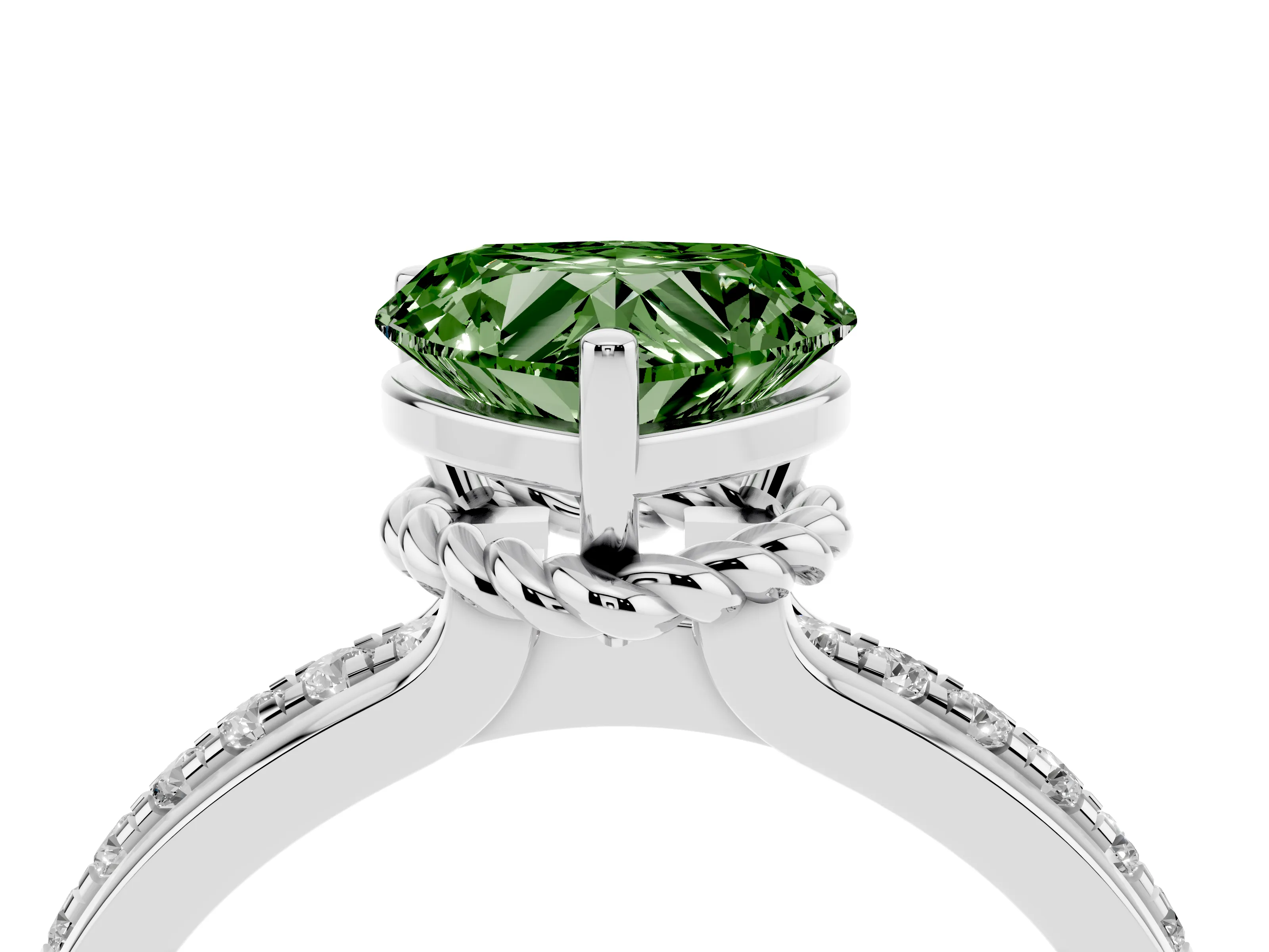 Fancy Green Heart Cut Diamond Solitaire Ring Set in White gold with Channel Set Band and Prong Setting