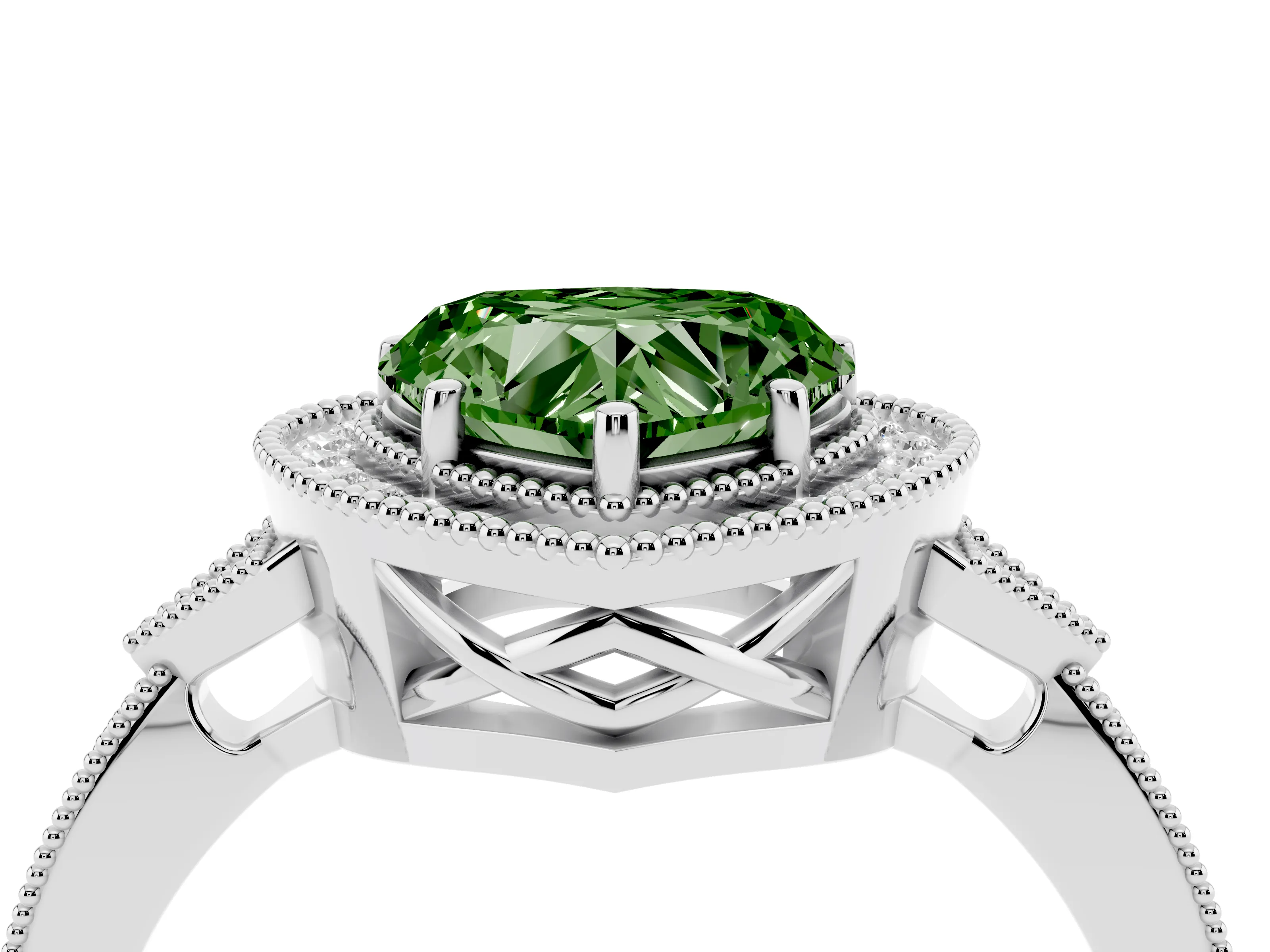 Fancy Green Heart Cut Diamond Halo Engagement Ring Set in White gold with Milgrain Pavé Band