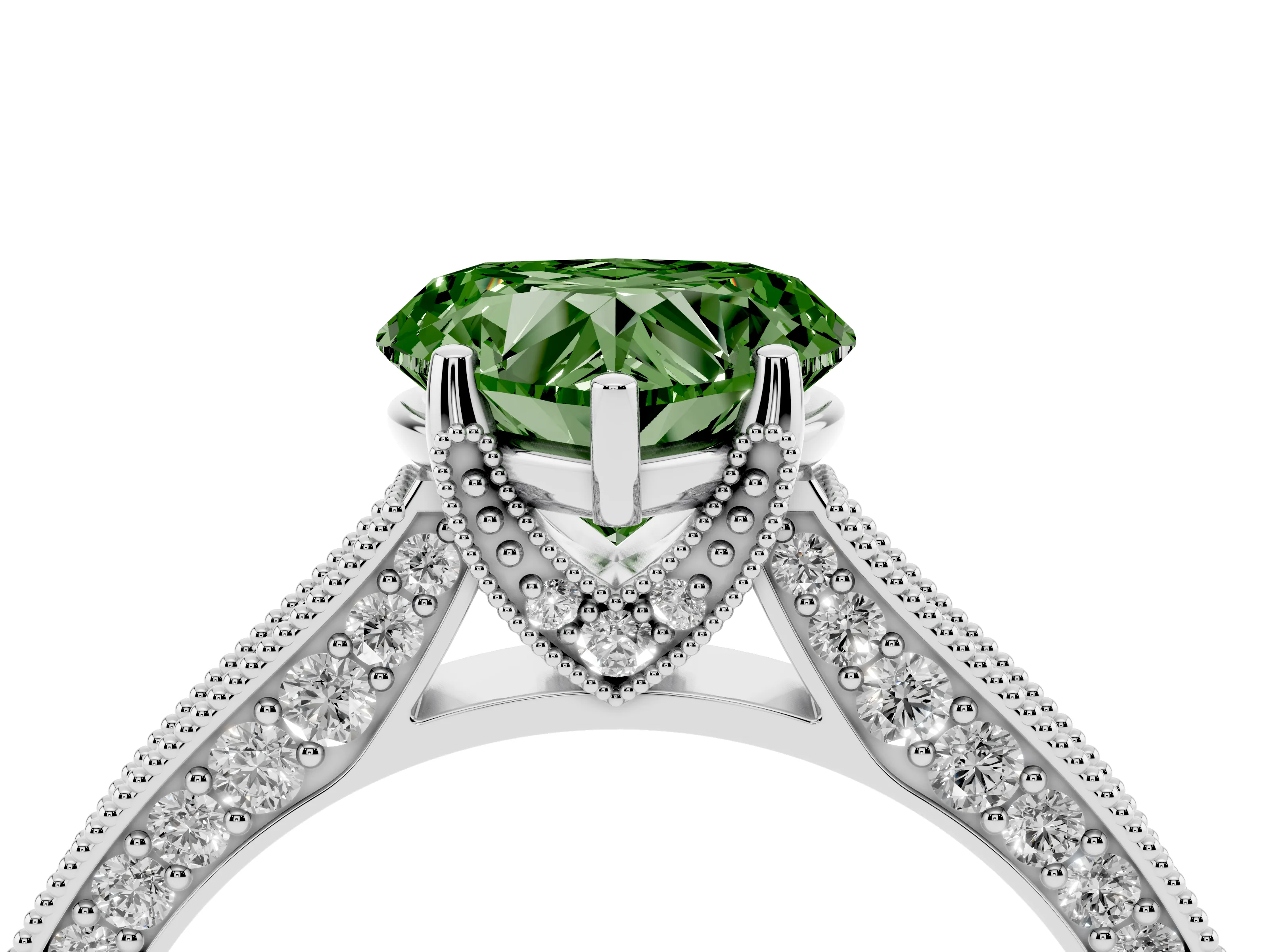 Fancy Green Heart Cut Diamond Solitaire Ring Set in White gold with Milgrain-Edged Pavé Band and Prong Setting