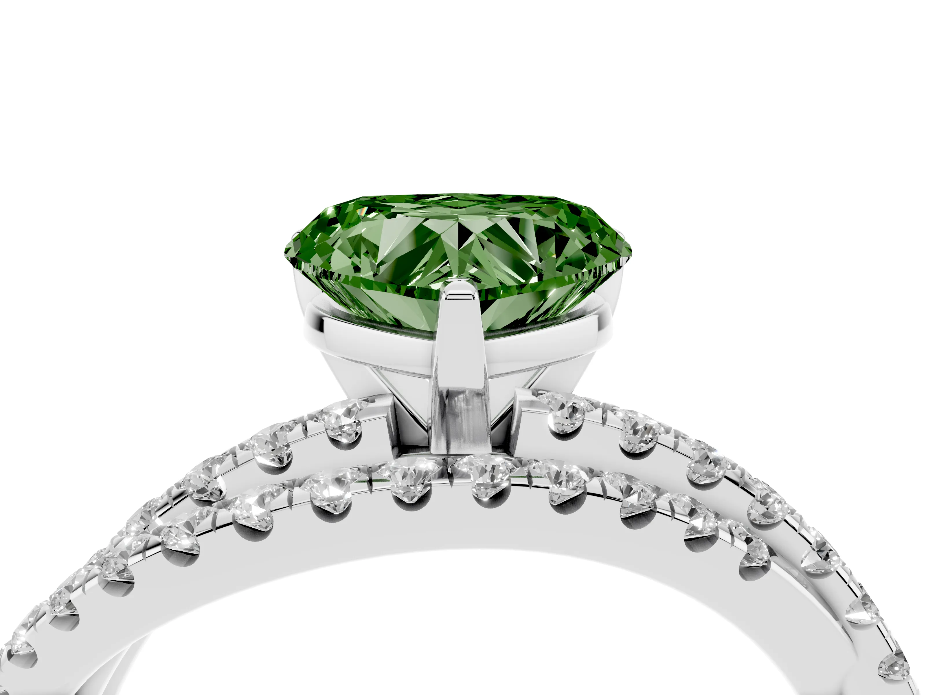 Fancy Green Heart Cut Diamond Solitaire Twist Band Ring Set in Silver with Pavé Setting and Prong Head