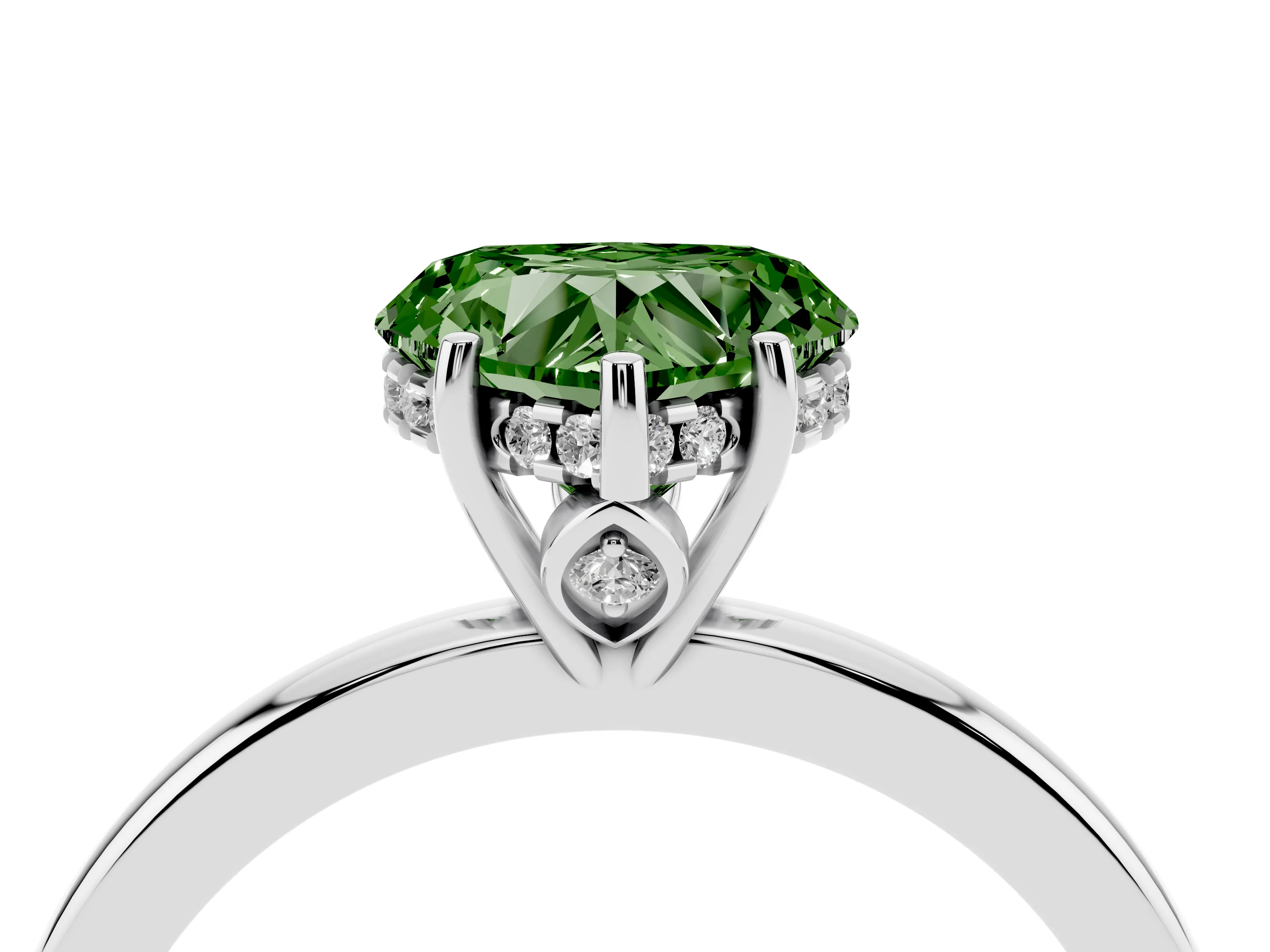 Fancy Green Heart Cut Diamond Solitaire Ring Set in White gold with Plain Band and Prong Setting