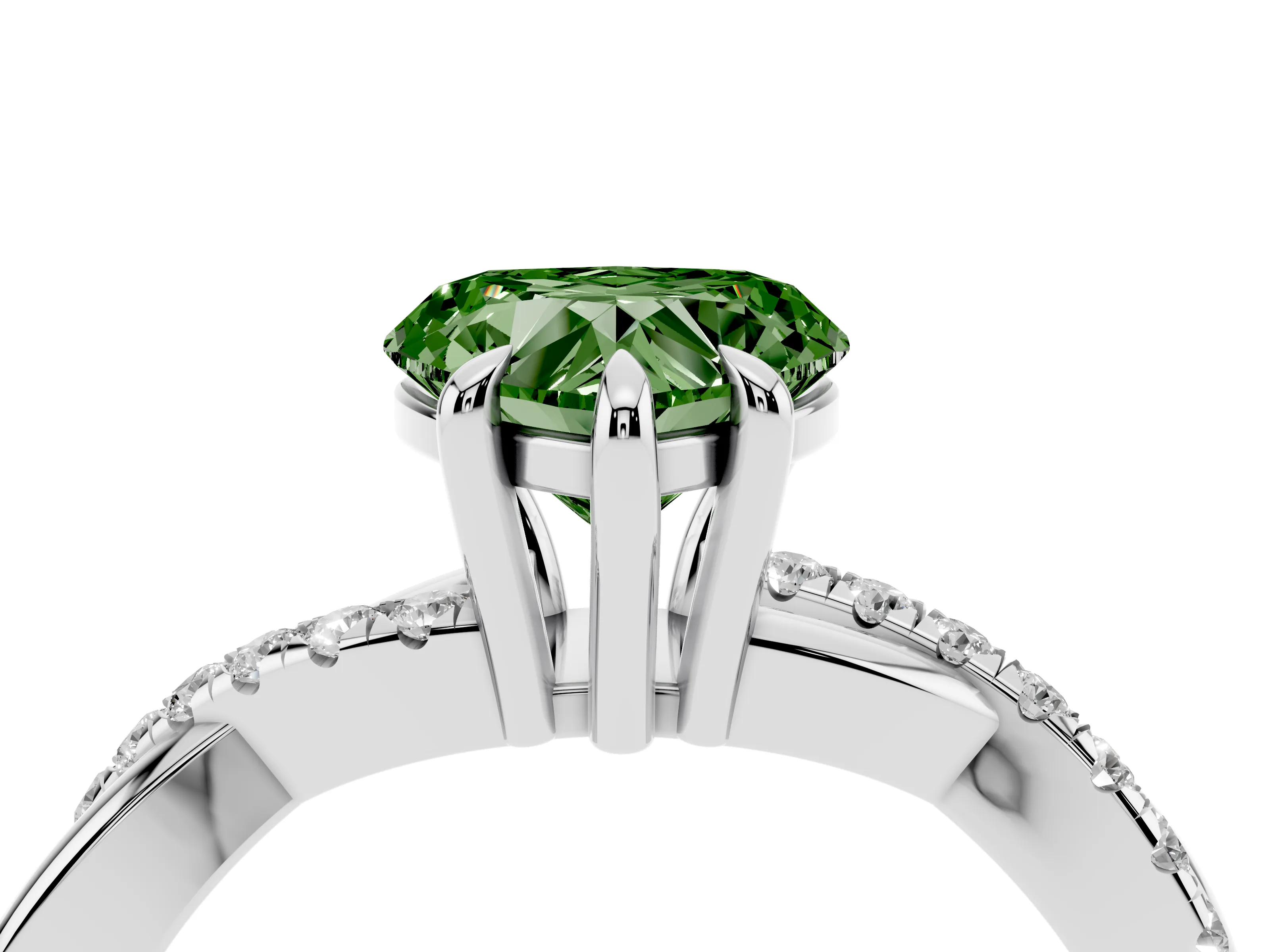 Fancy Green Heart Cut Diamond Twist Band Solitaire Set in White gold with Pavé Accents and Prong Setting