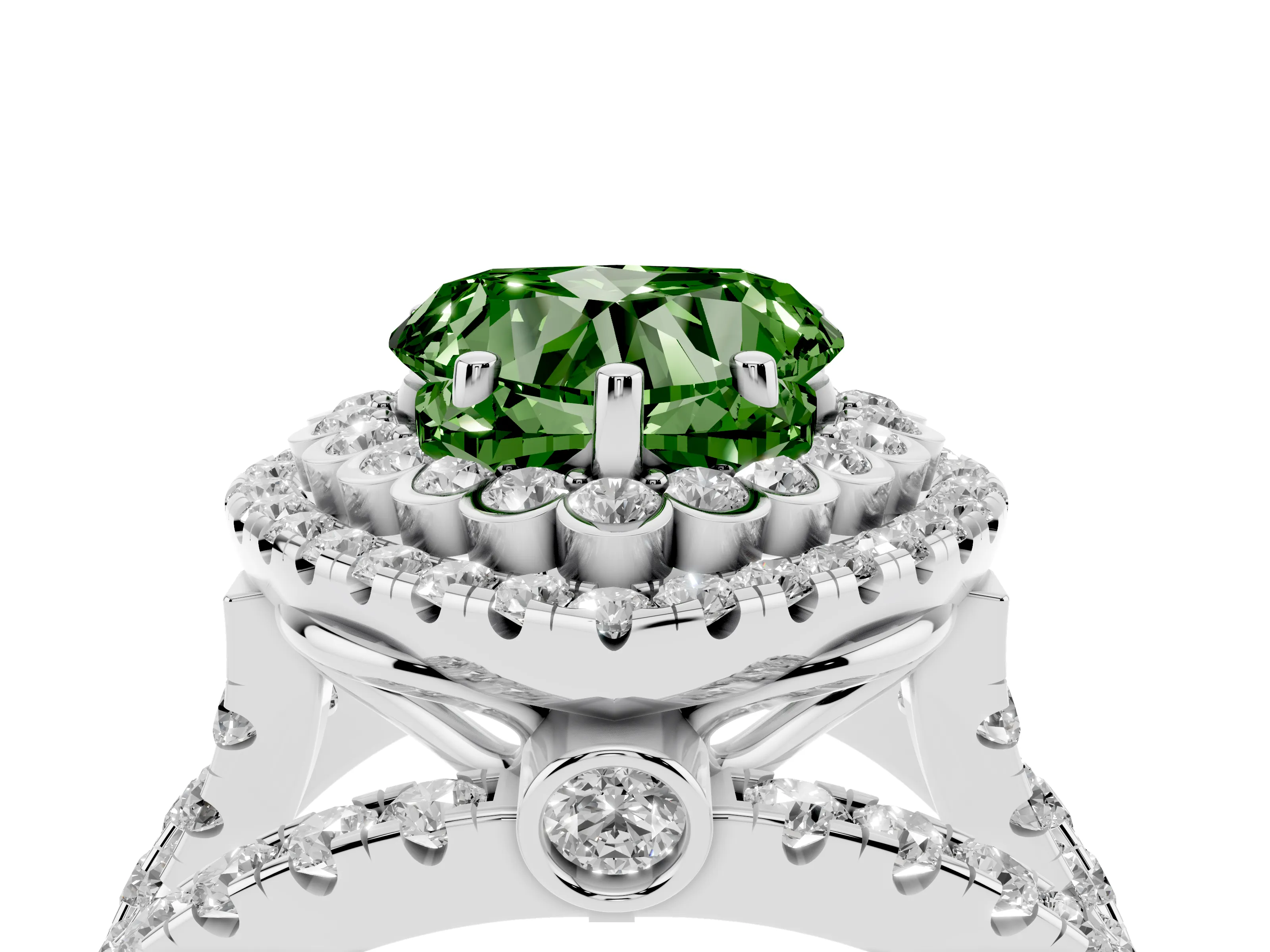 Fancy Green Heart Cut Diamond Double Halo Ring Set in White gold with Round Pavé Split Shank