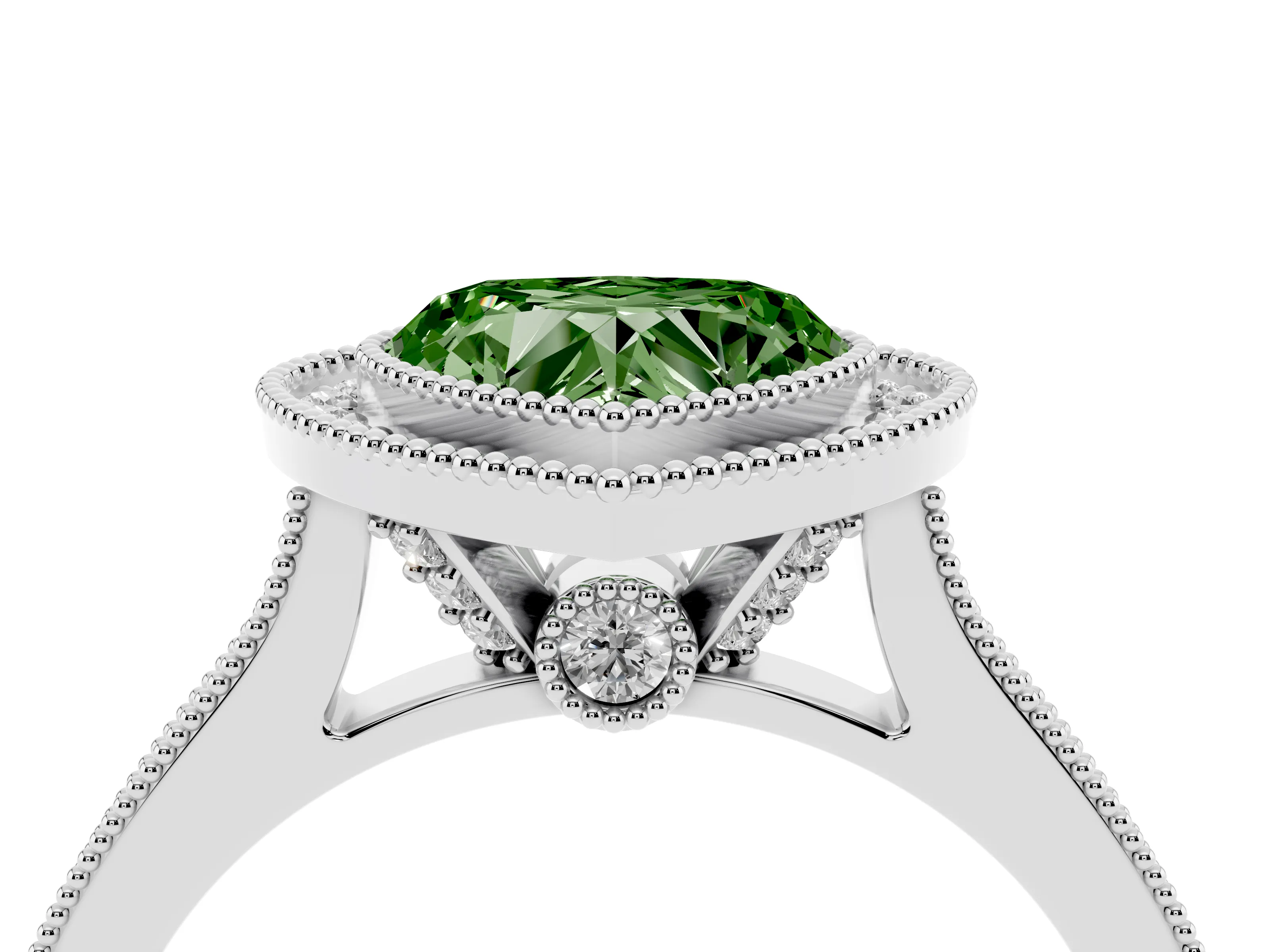 Fancy Green Heart Cut Diamond Halo Milgrain Pavé Band Ring Set in Platinum with Prong Setting