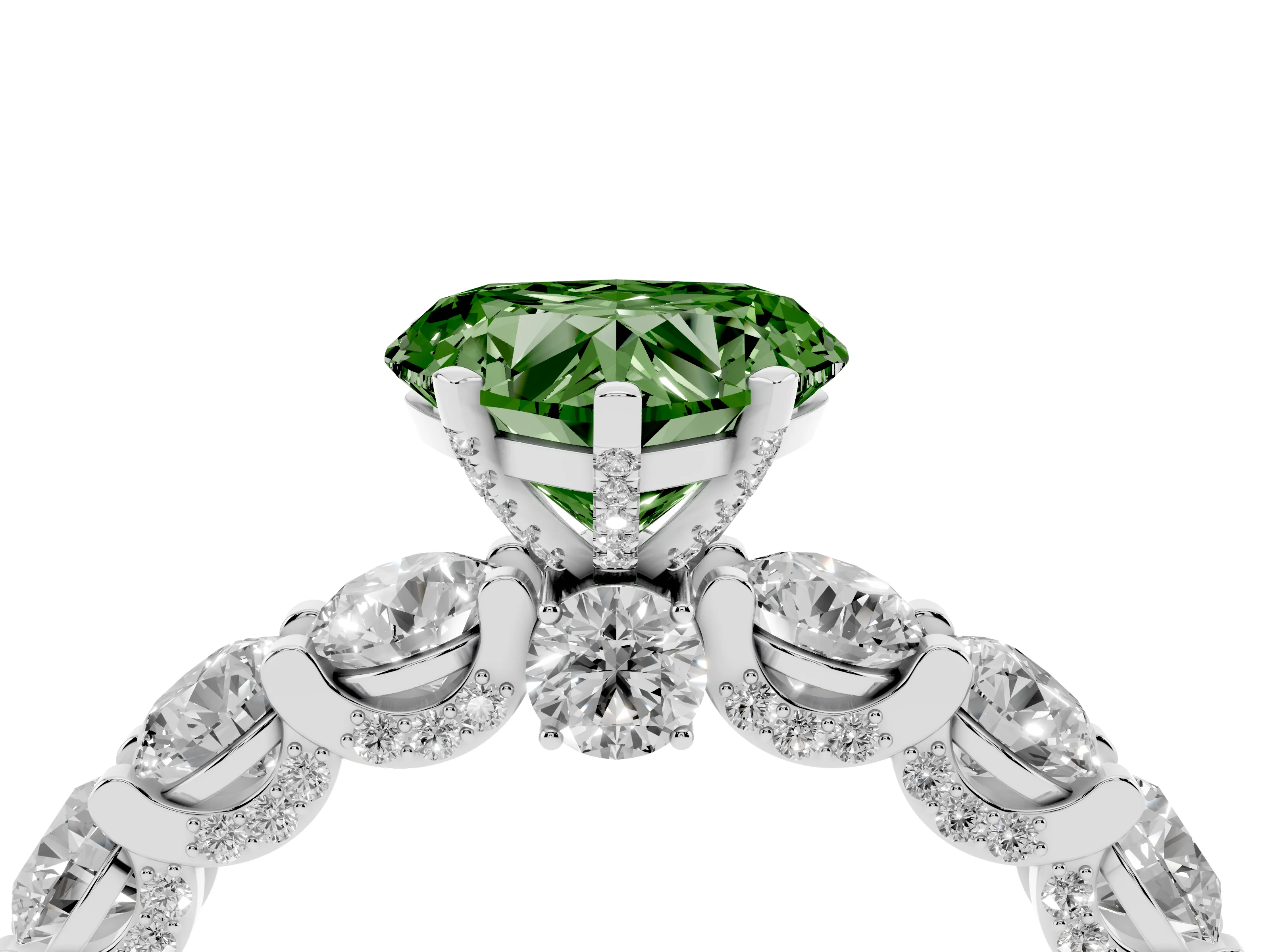 Fancy Green Heart Cut Diamond Side Stone Ring Set in White gold with Alternating Round and Oval Side Stones