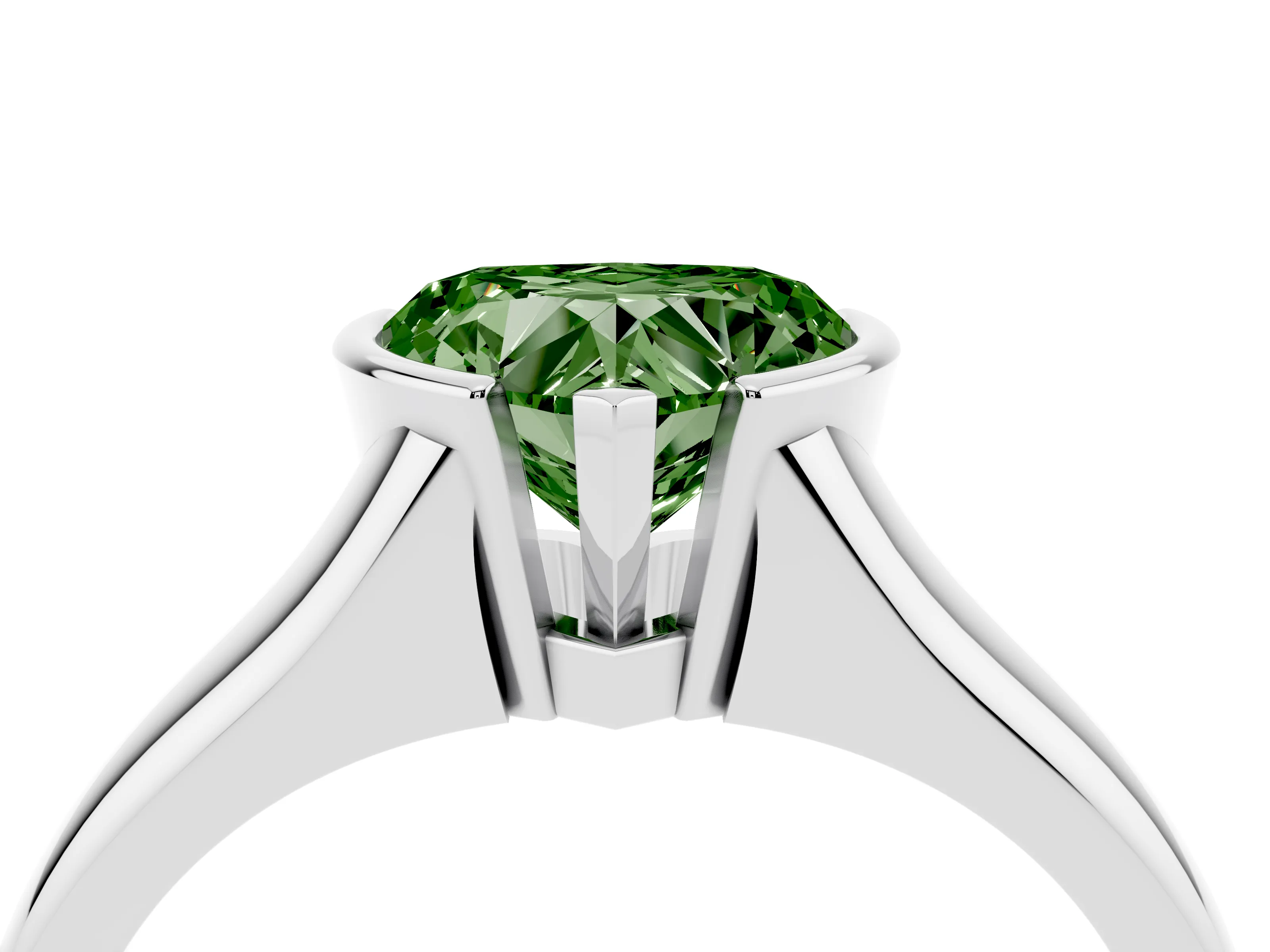 Fancy Green Heart Cut Diamond Solitaire Tension Set Ring Set in White gold with Split Shank Band
