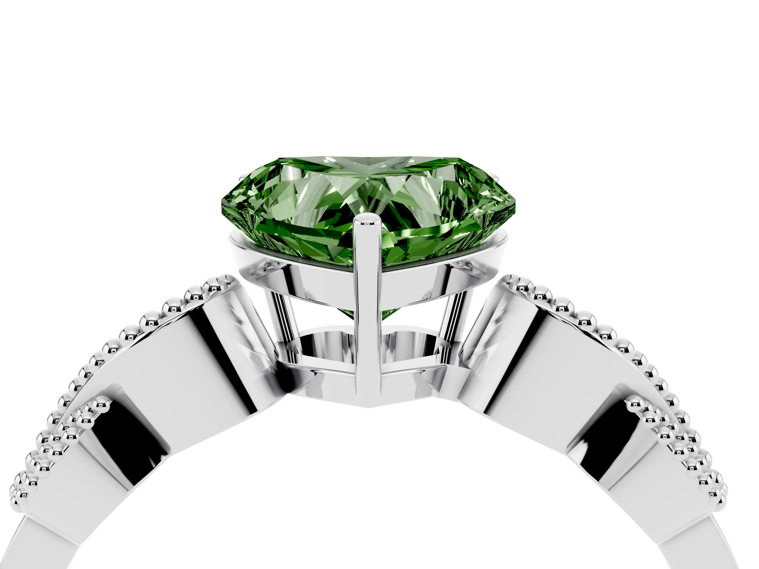 Fancy Green Heart Cut Diamond Milgrain Leaf Band Solitaire Ring Set in White gold with Accent Stones and Prong Setting