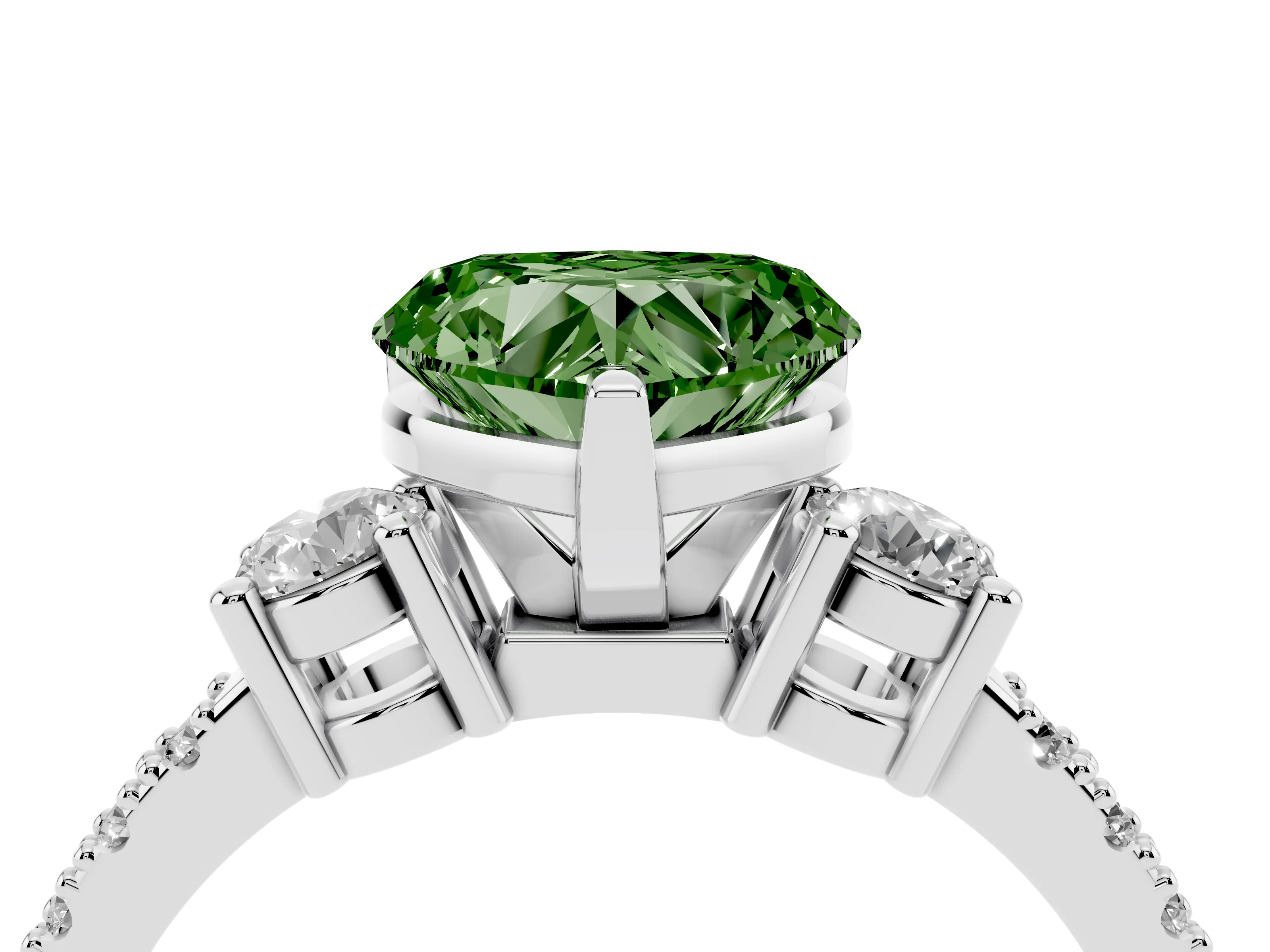 Fancy Green Three-Stone Heart Cut Diamond Pavé Band Ring Set in White gold with Prong Setting