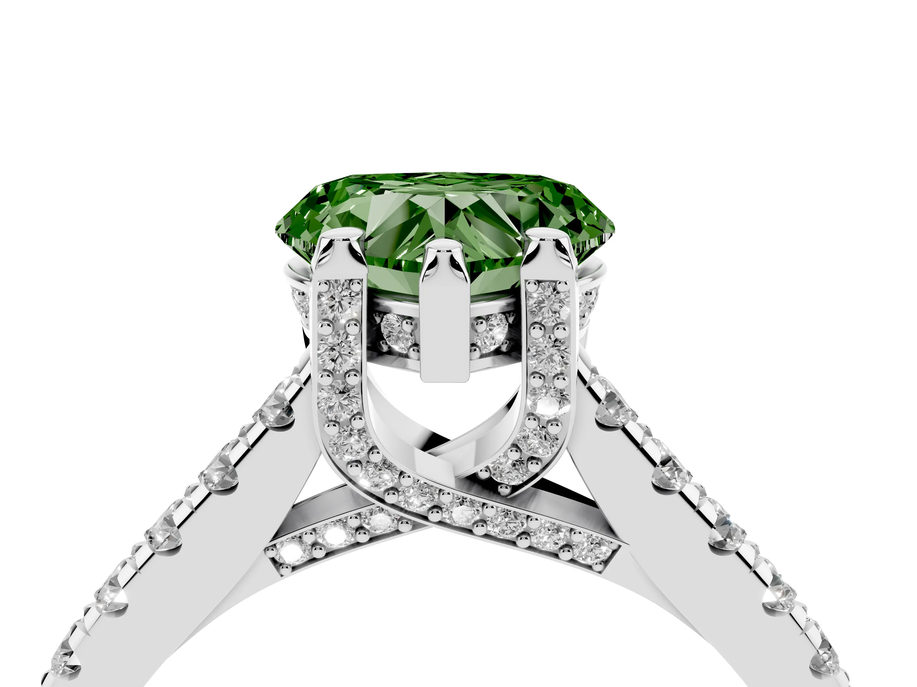 Fancy Green Heart Cut Diamond Solitaire Ring Set in Silver with Brilliant Pavé Band and Prong Setting