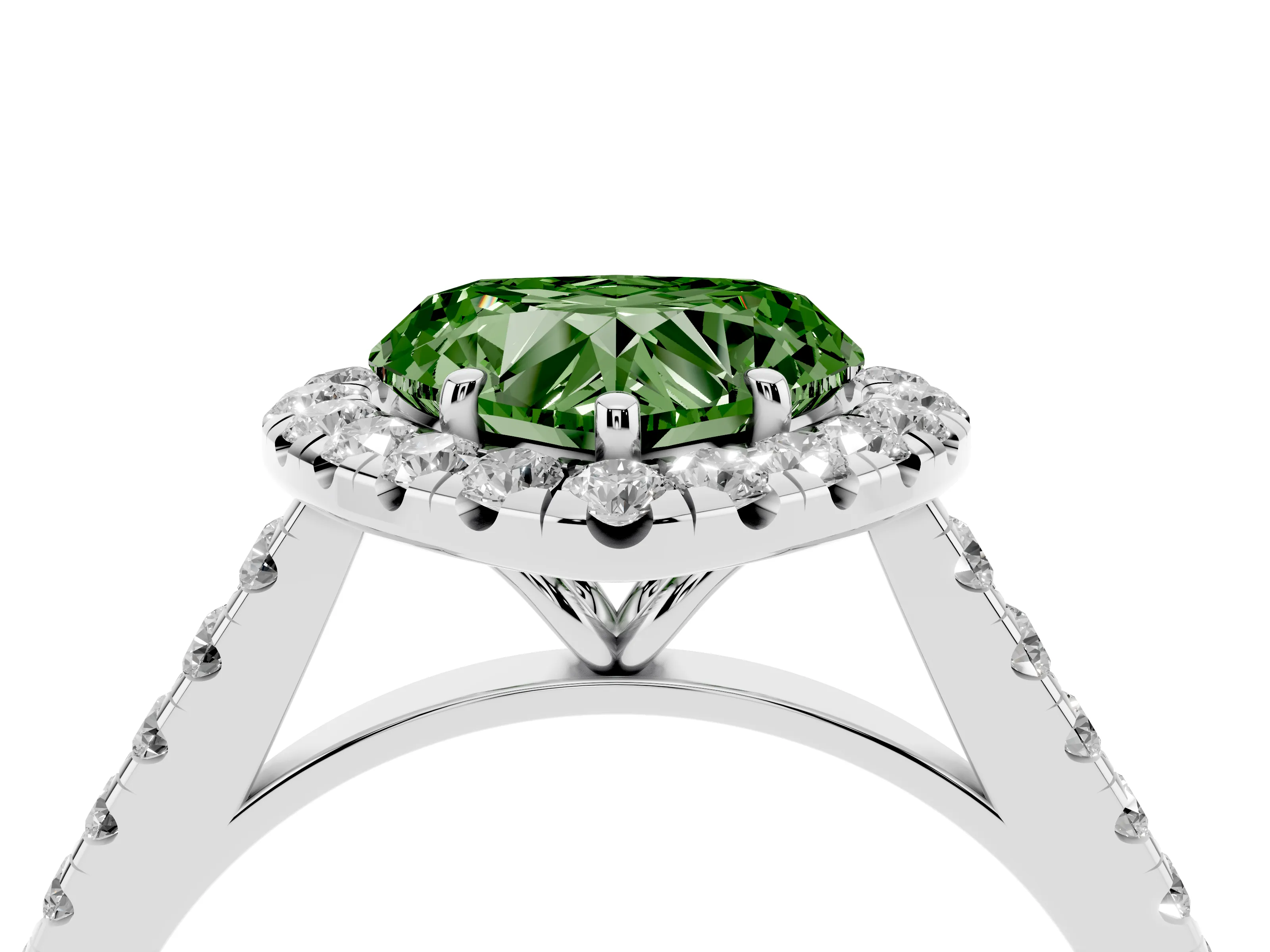Fancy Green Heart Cut Diamond Halo Pavé Engagement Ring Set in Silver with Prong Setting