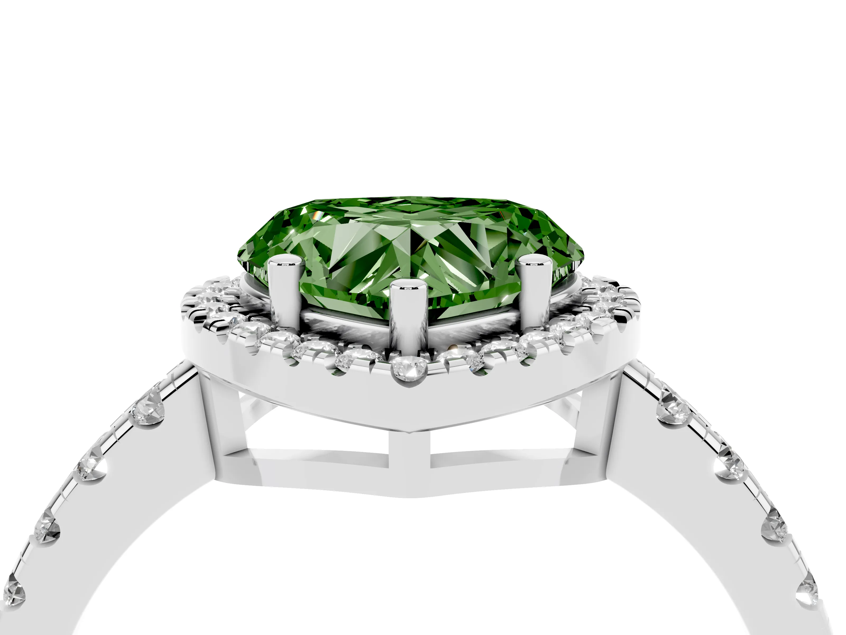 Fancy Green Heart Cut Diamond Halo Ring Set in Platinum with Delicate Pavé Band and Prong Setting