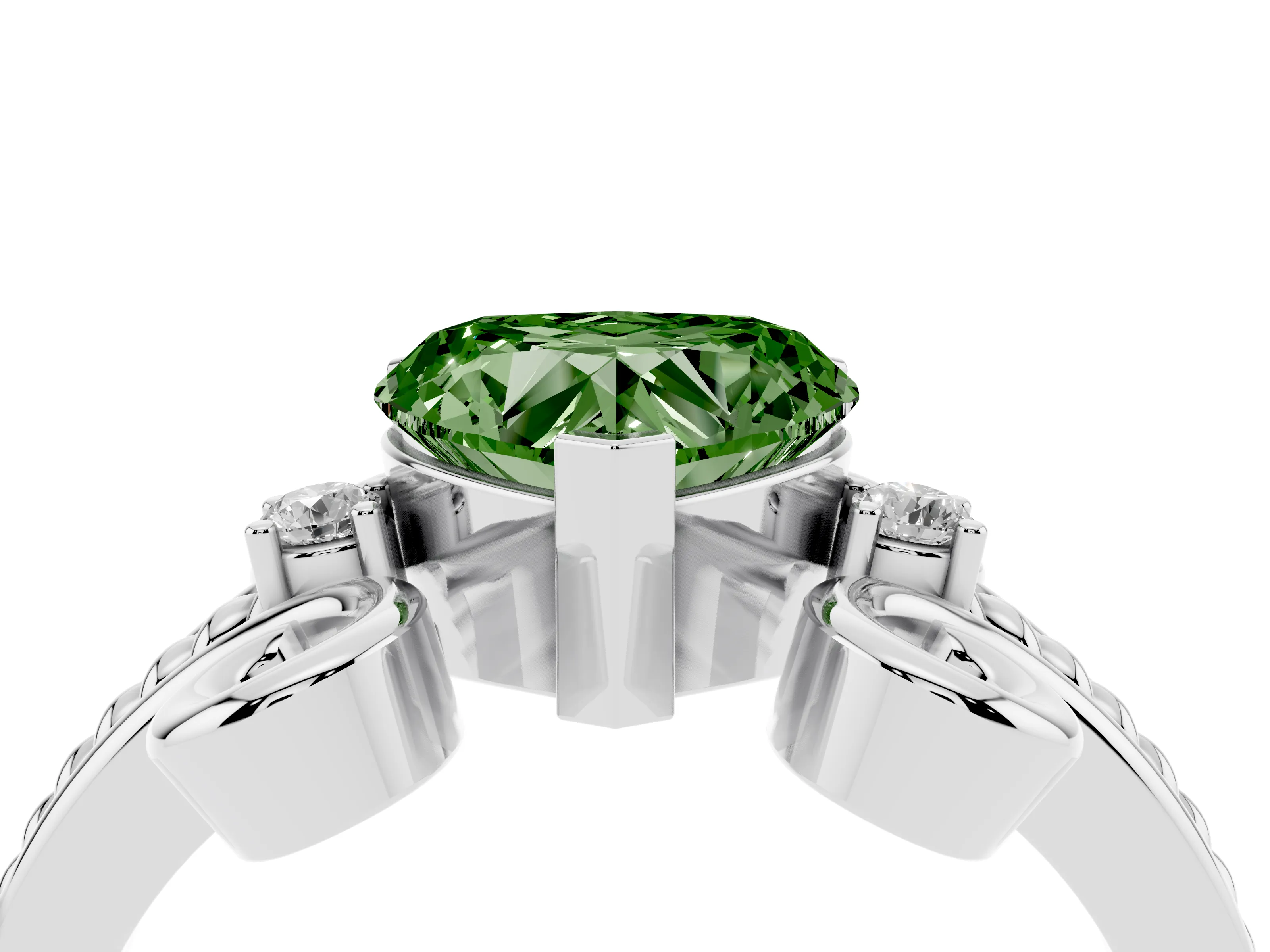 Fancy Green Heart Cut Diamond Twisted Band Solitaire Ring Set in Platinum with Scroll Prongs