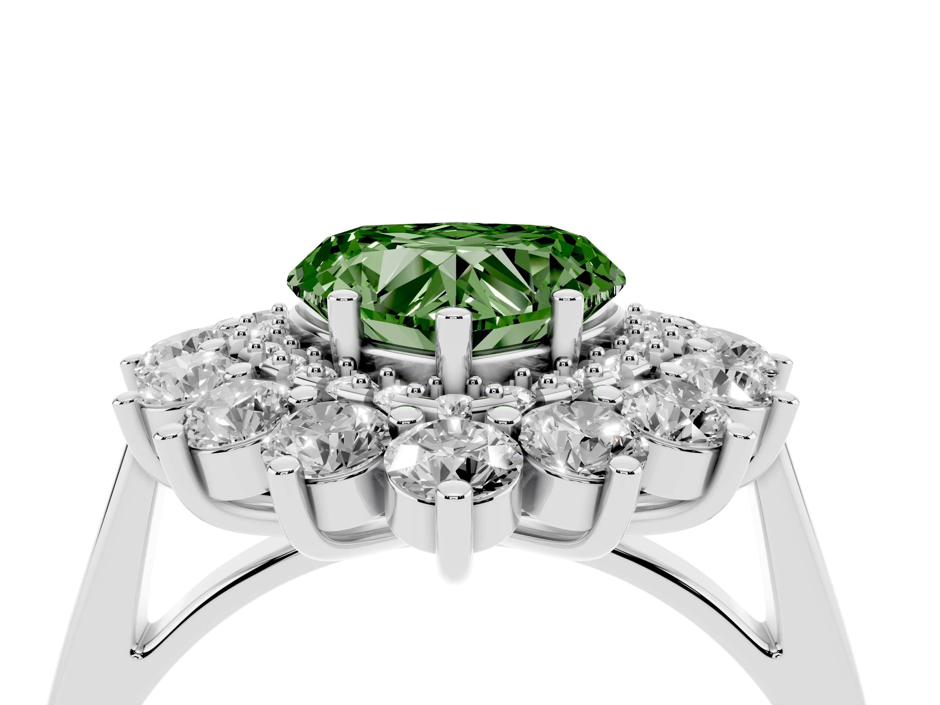 Fancy Green Heart Cut Diamond Floral Double Halo Ring Set in Silver with Round Petals