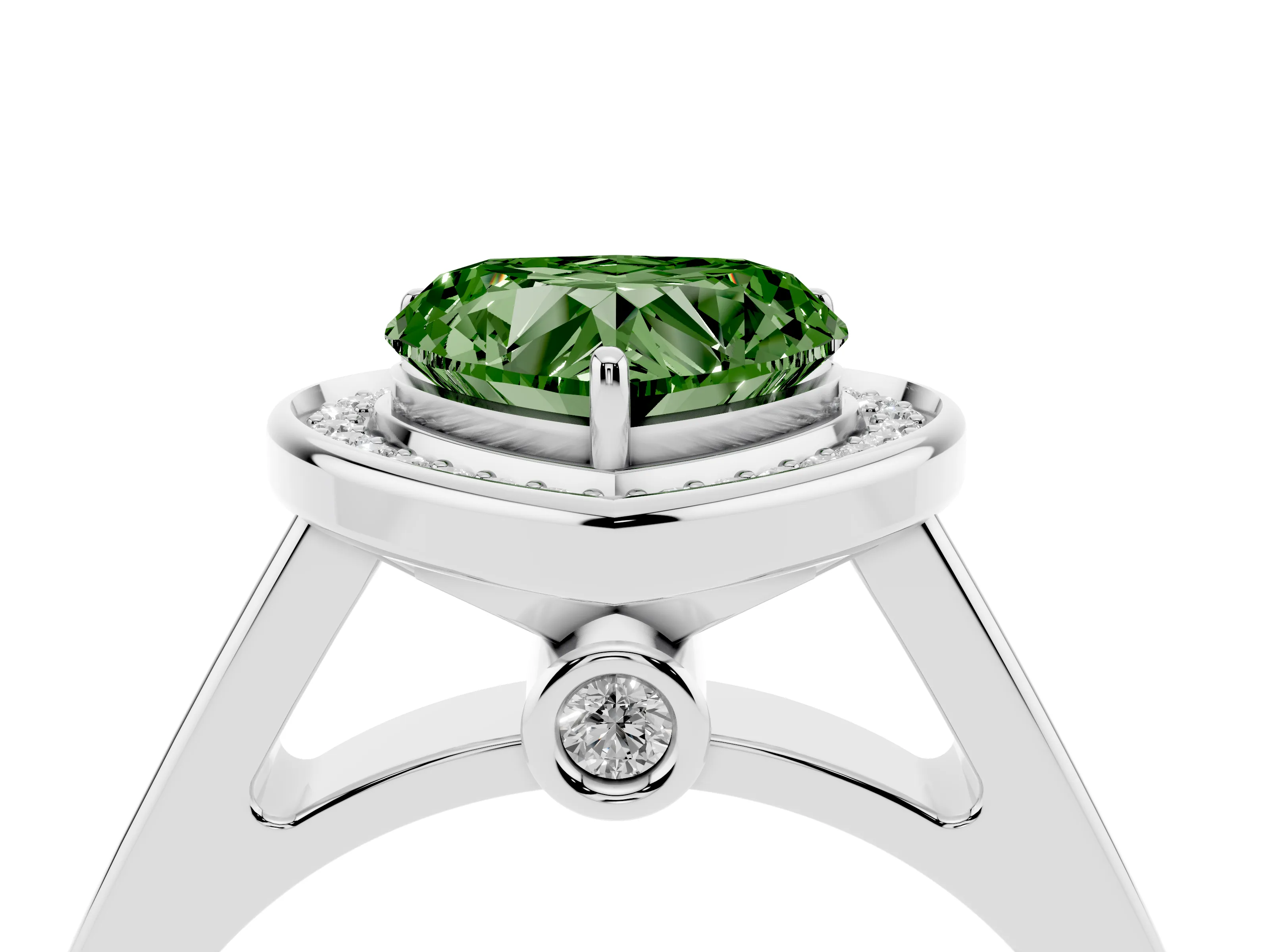 Fancy Green Heart Cut Diamond Halo Solitaire Ring Set in White gold with Pavé Band and Bezel Setting