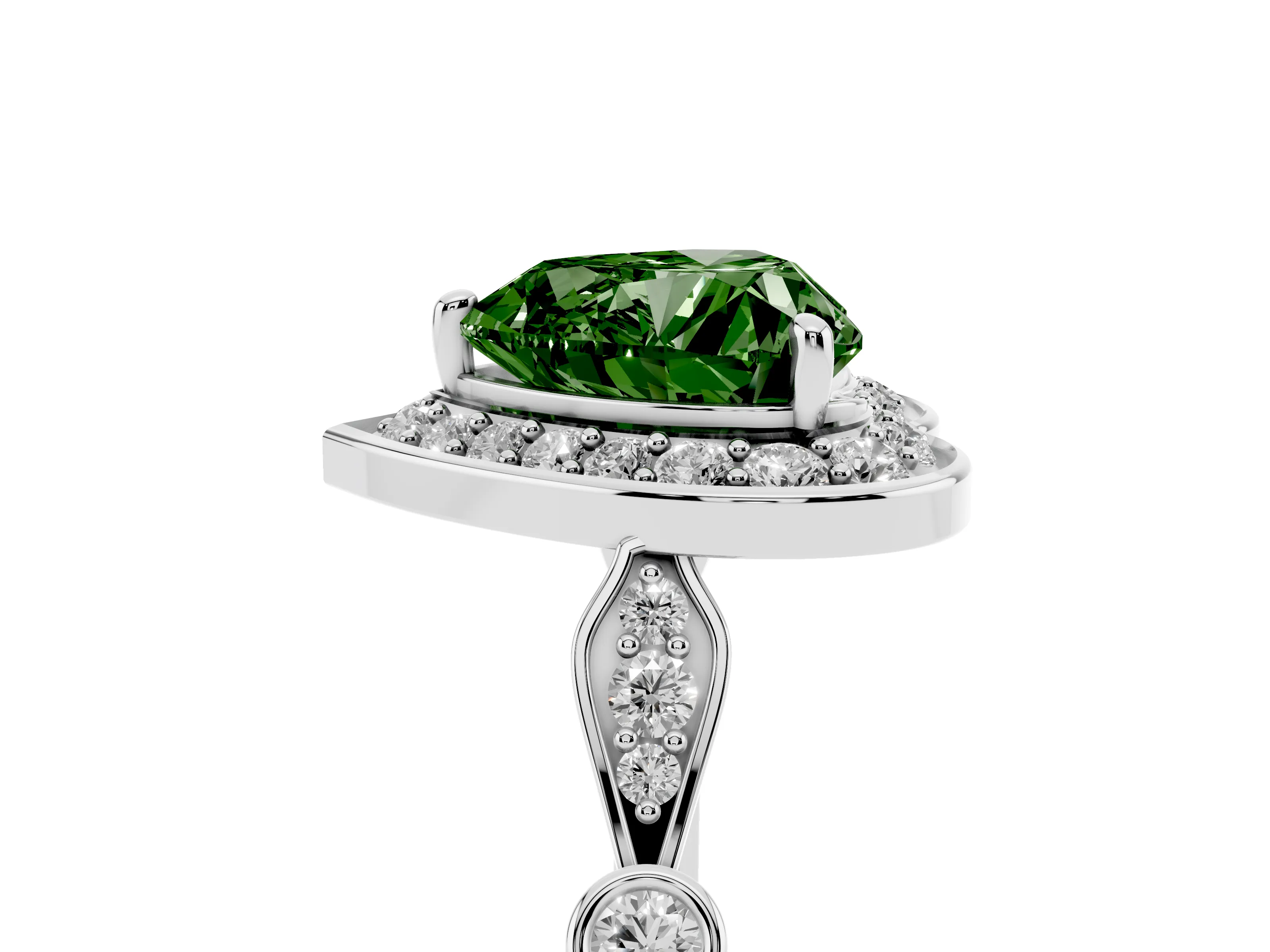 Fancy Green Heart Cut Diamond Halo Engagement Ring Set in White gold with Twisted Band and Prong Setting
