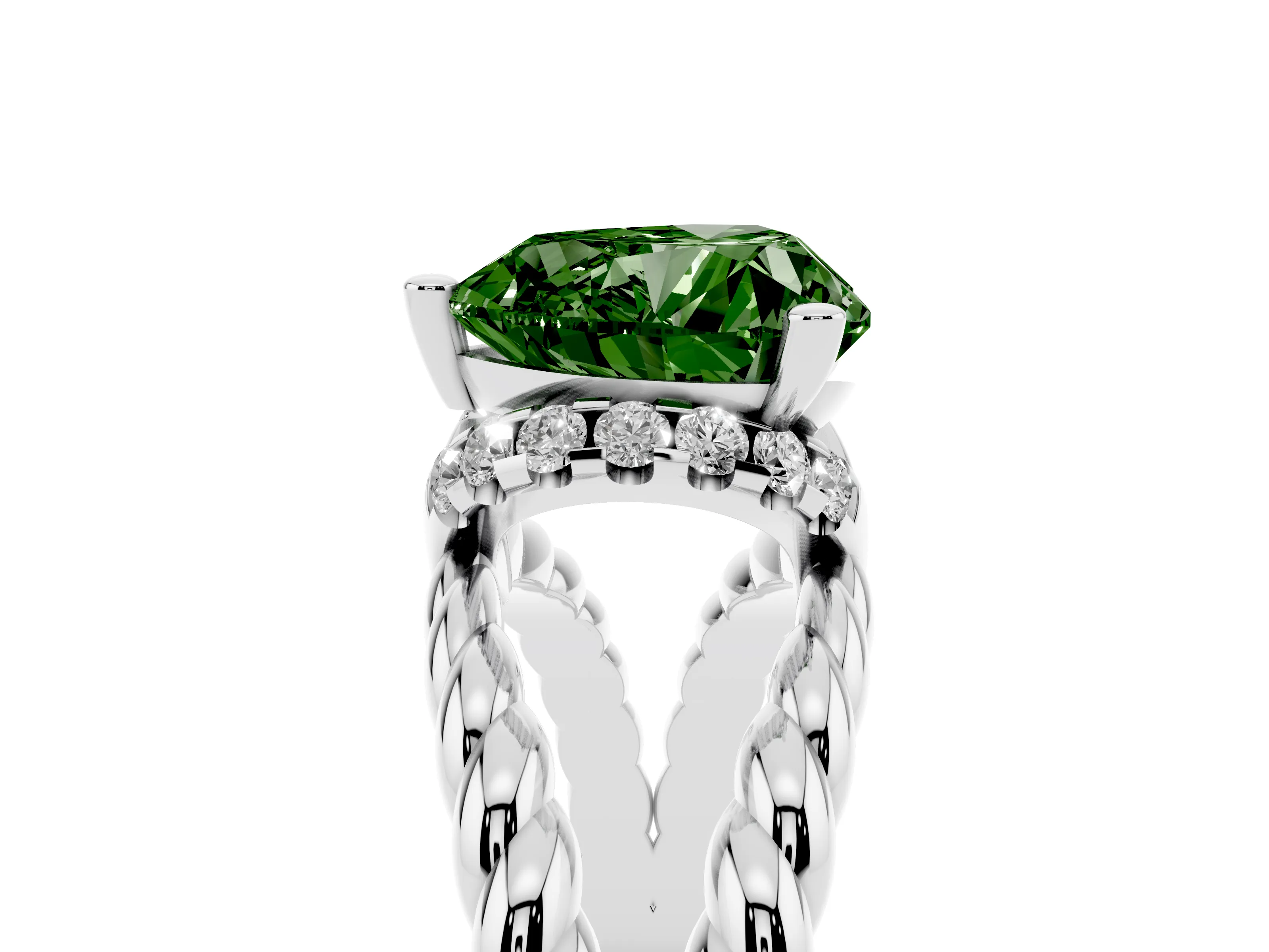 Fancy Green Heart Cut Diamond Halo Ring Set in White gold with Twisted Band and Prong Setting