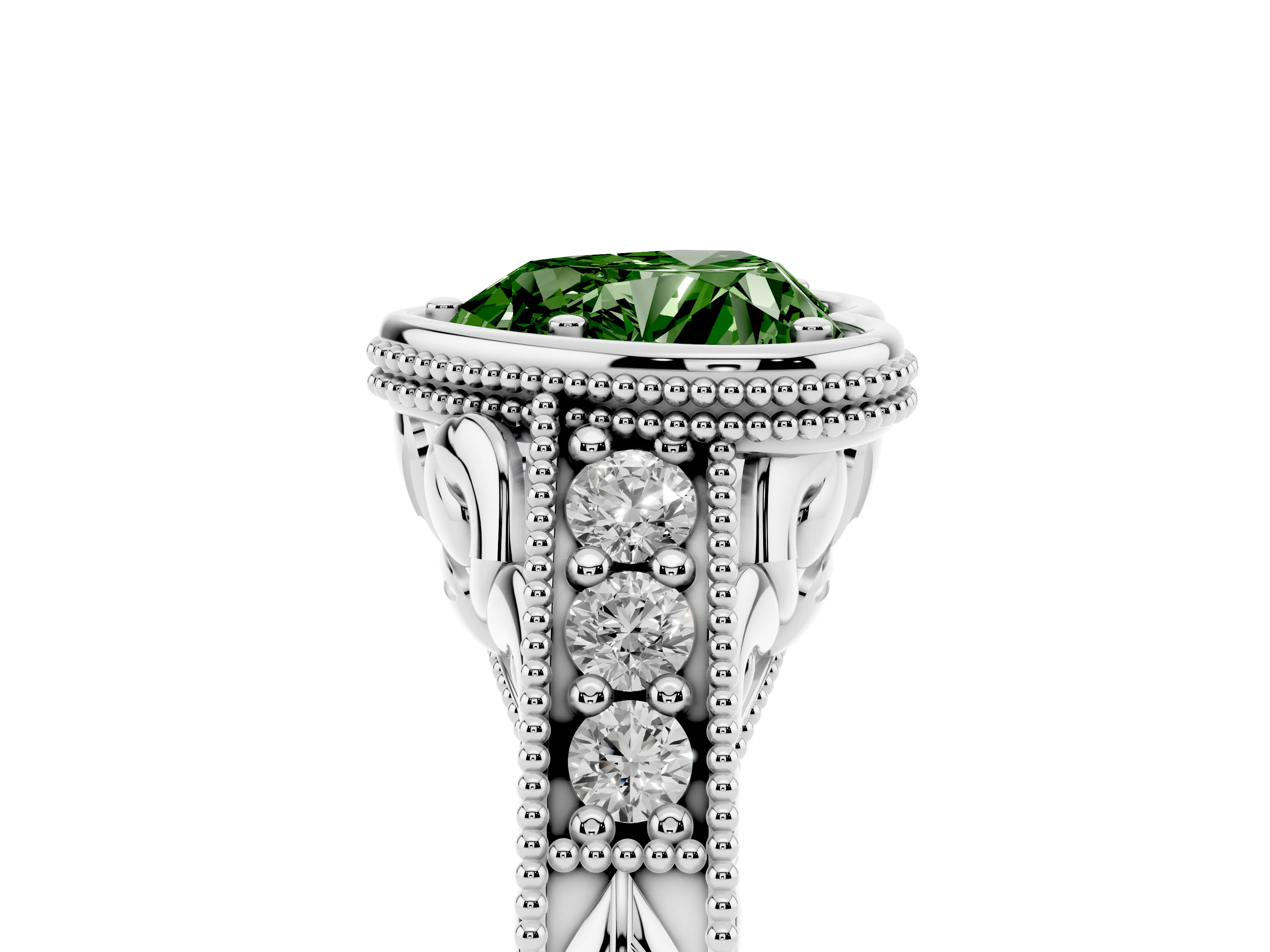 Fancy Green Bezel Set Heart Cut Diamond Milgrain Pavé Engagement Ring Set in Silver