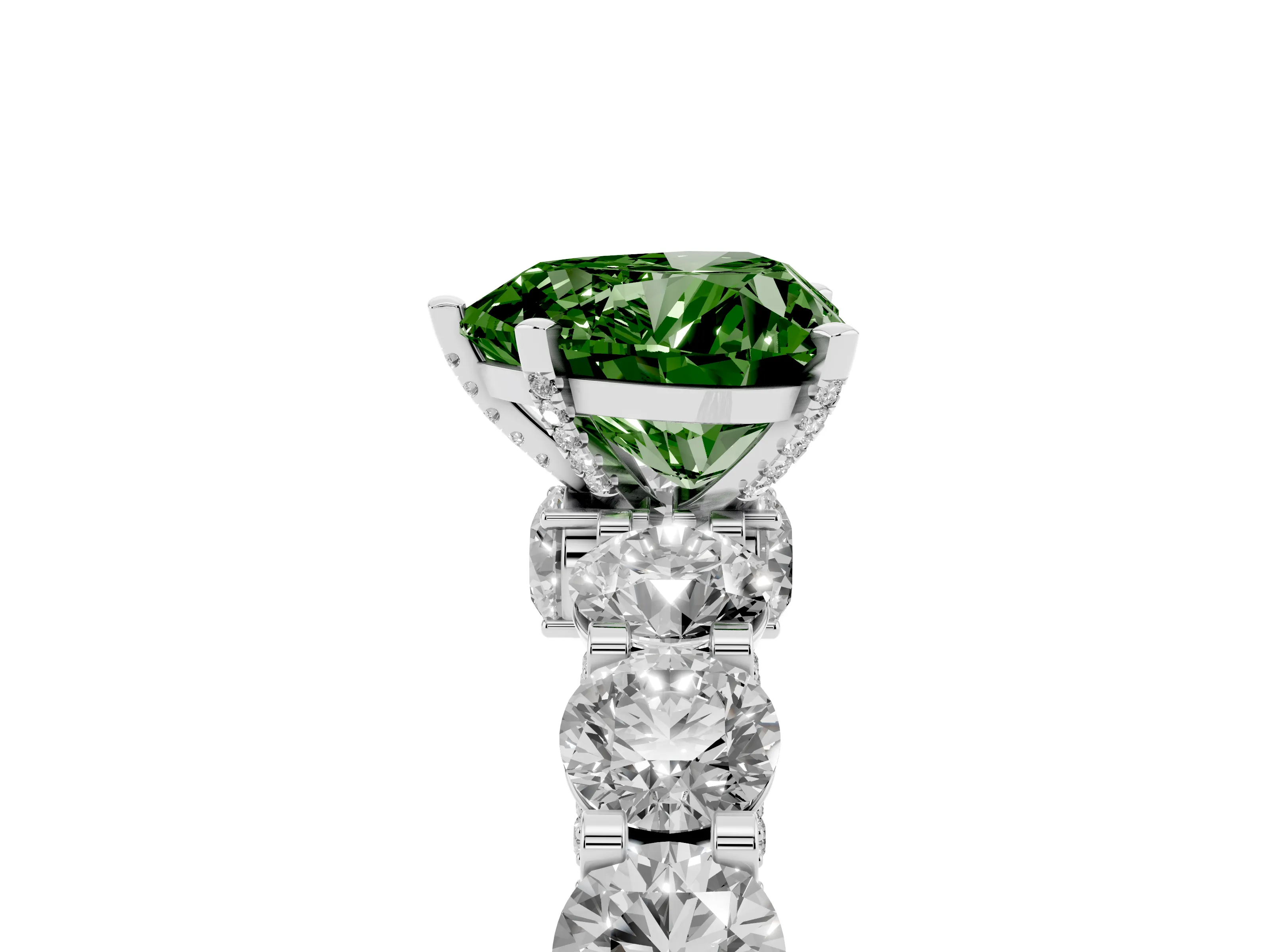 Fancy Green Heart Cut Diamond Side Stone Ring Set in White gold with Alternating Round and Oval Side Stones