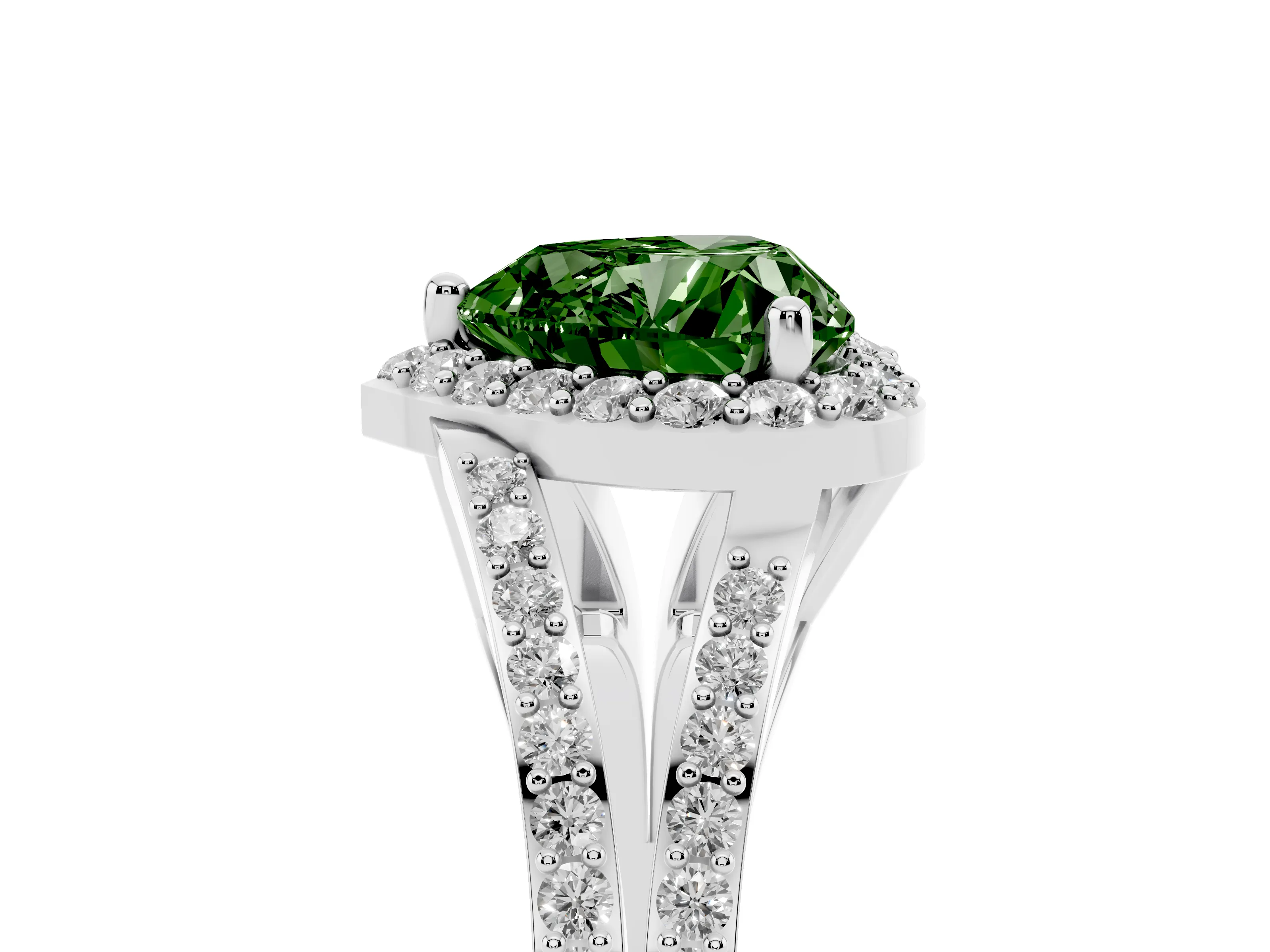 Fancy Green Heart Cut Diamond Halo Split Shank Pavé Ring Set in Platinum with Prong Setting