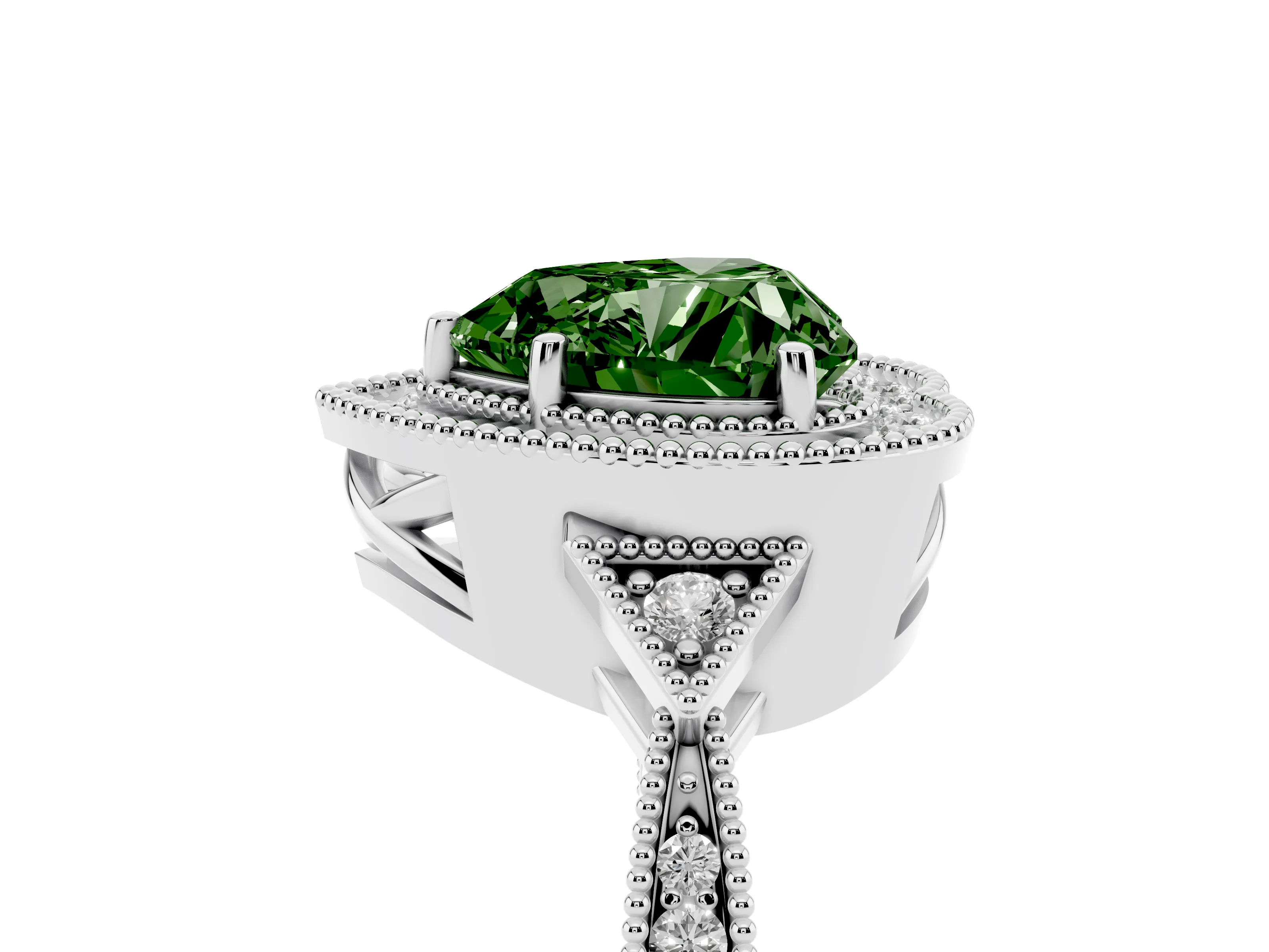 Fancy Green Heart Cut Diamond Halo Engagement Ring Set in White gold with Milgrain Pavé Band