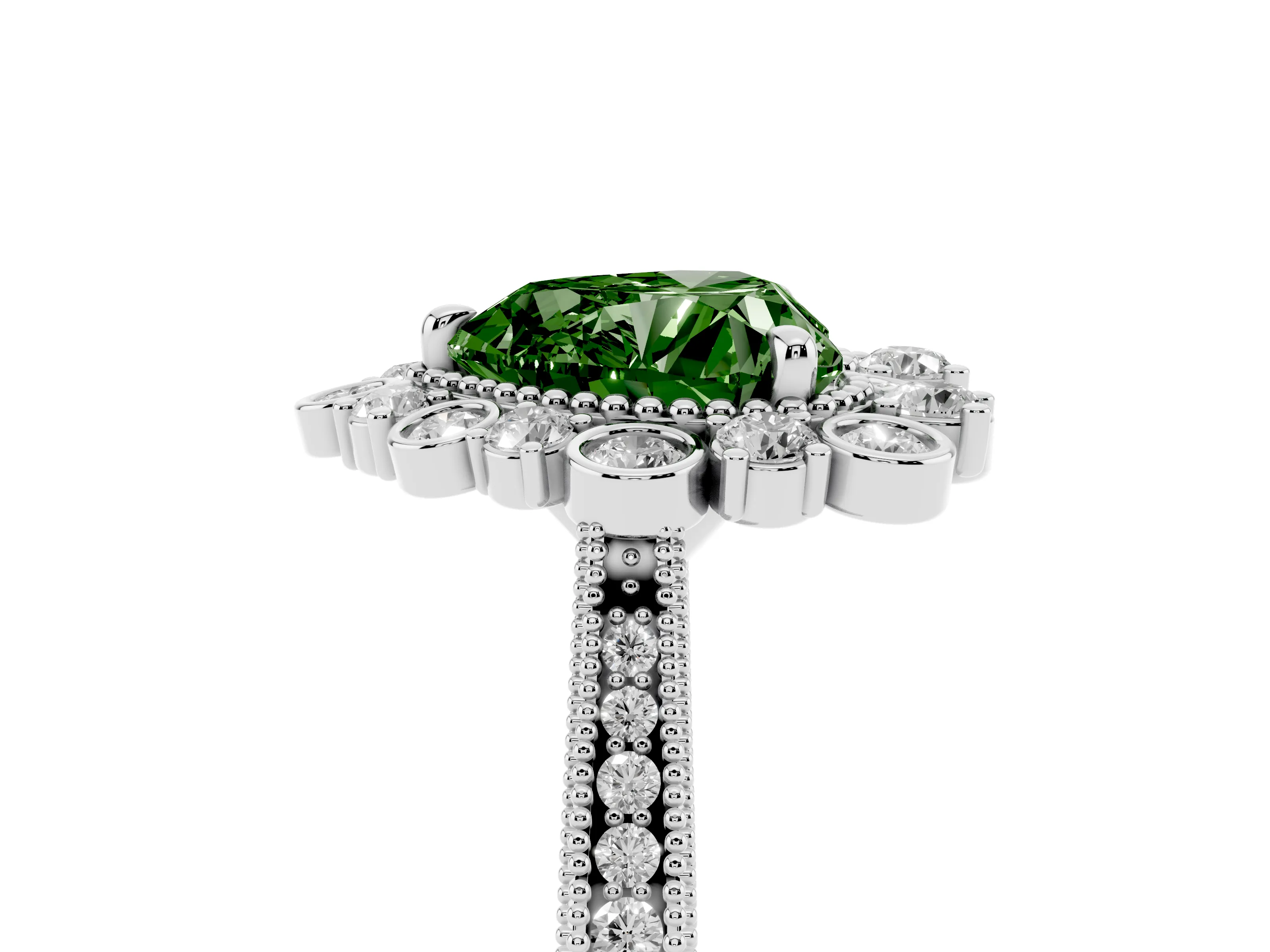 Fancy Green Heart Cut Diamond Halo Milgrain Pavé Ring Set in White gold with Prong Setting