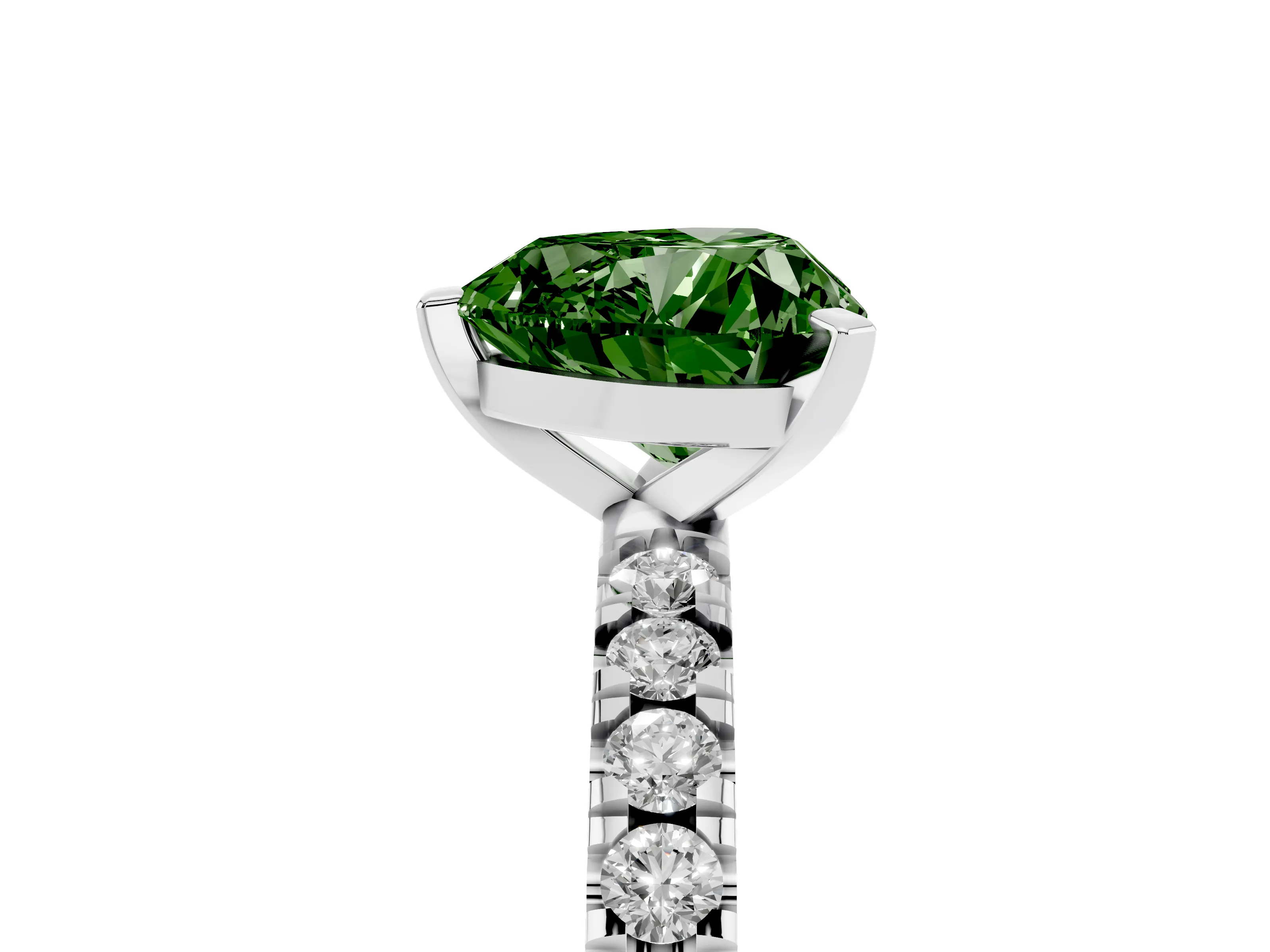 Fancy Green Heart Cut Diamond Pavé Band Solitaire Set in White gold with Prong Setting