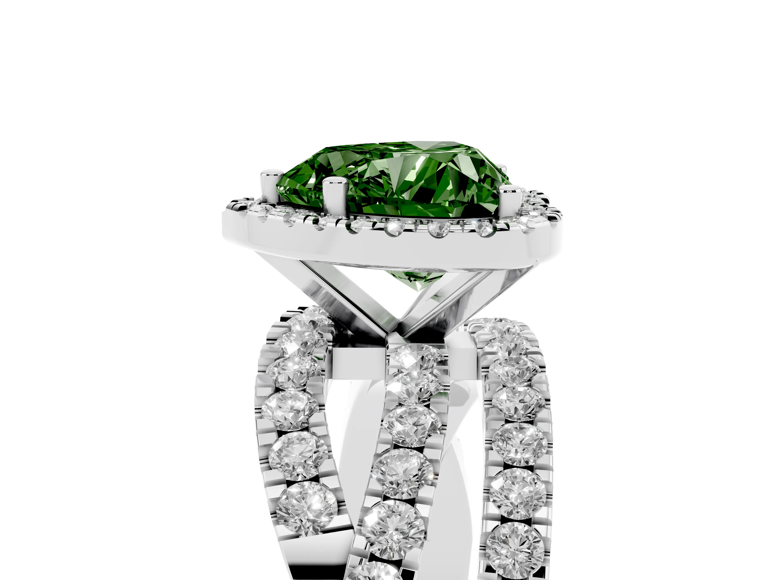 Fancy Green Heart Cut Diamond Halo Ring Set in White gold with Round Crossover Split Shank and Prong Setting