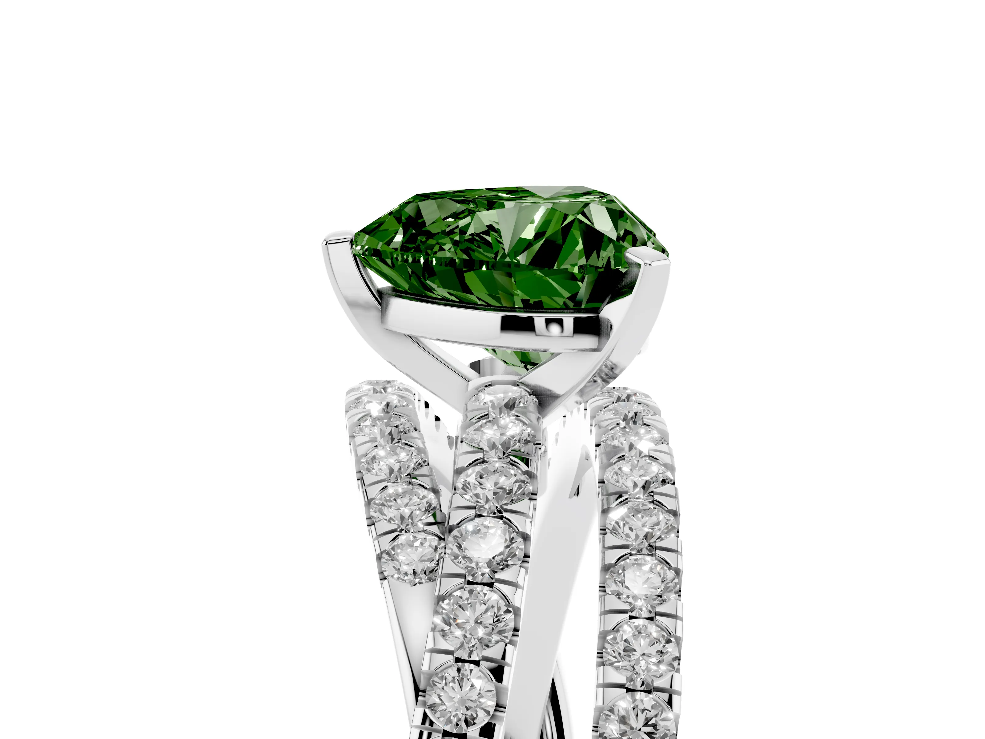 Fancy Green Heart Cut Diamond Solitaire Twist Band Ring Set in Silver with Pavé Setting and Prong Head