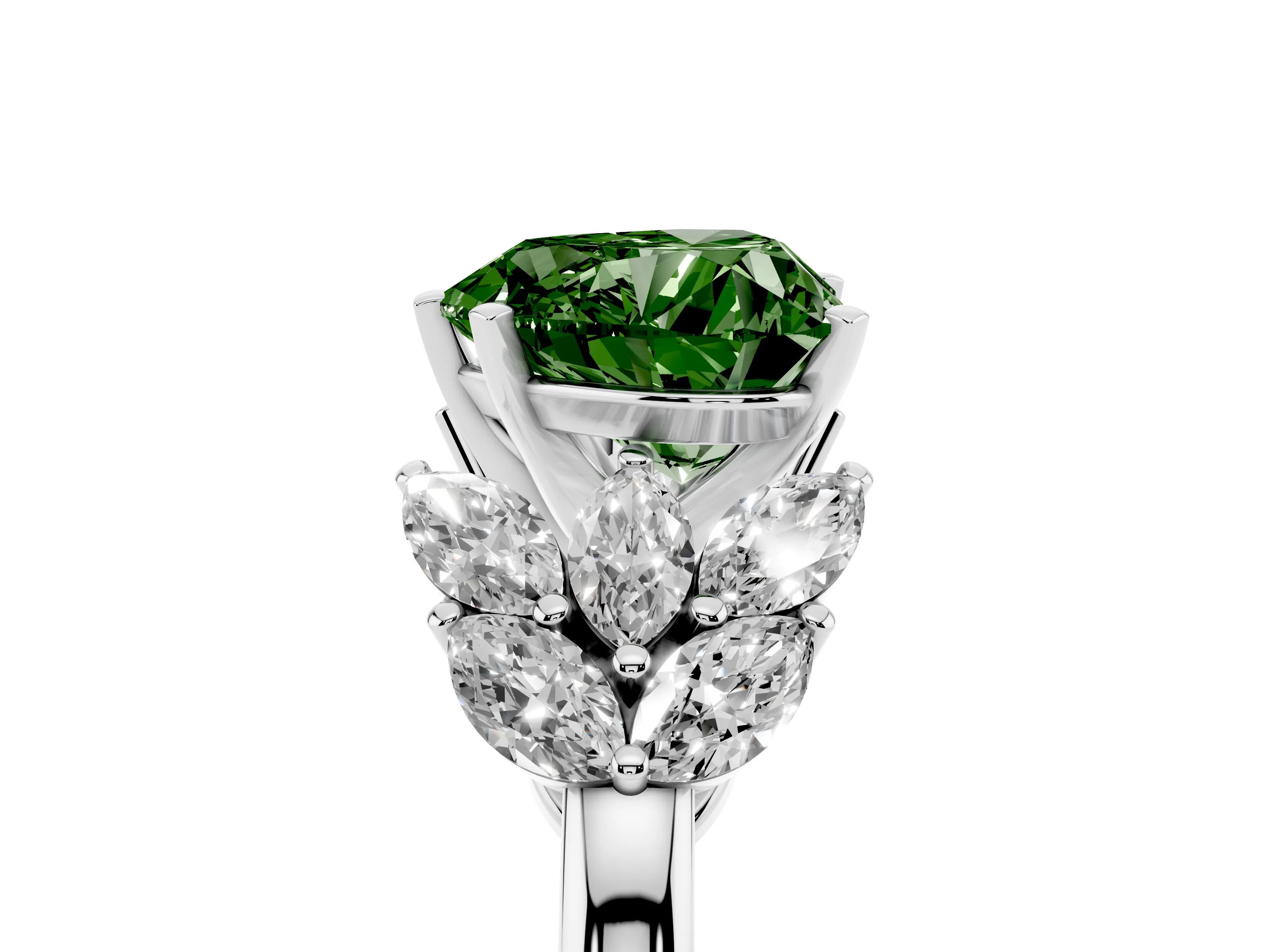 Fancy Green Heart Cut Diamond Cluster Leaf Design Ring Set in Silver with Prong Setting