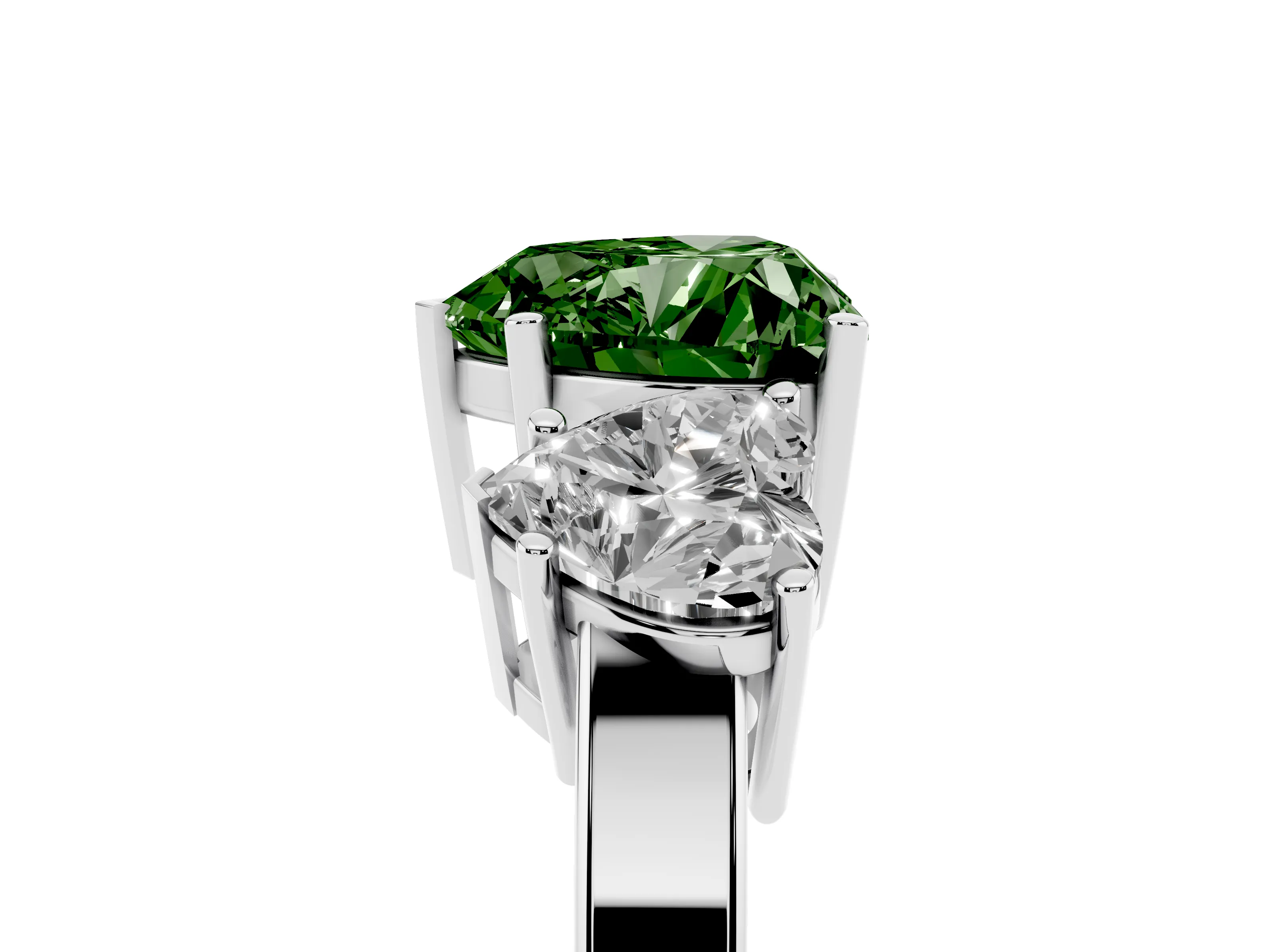 Fancy Green Heart Cut Diamond Three-Stone Engagement Ring Set in Platinum with Flat Band