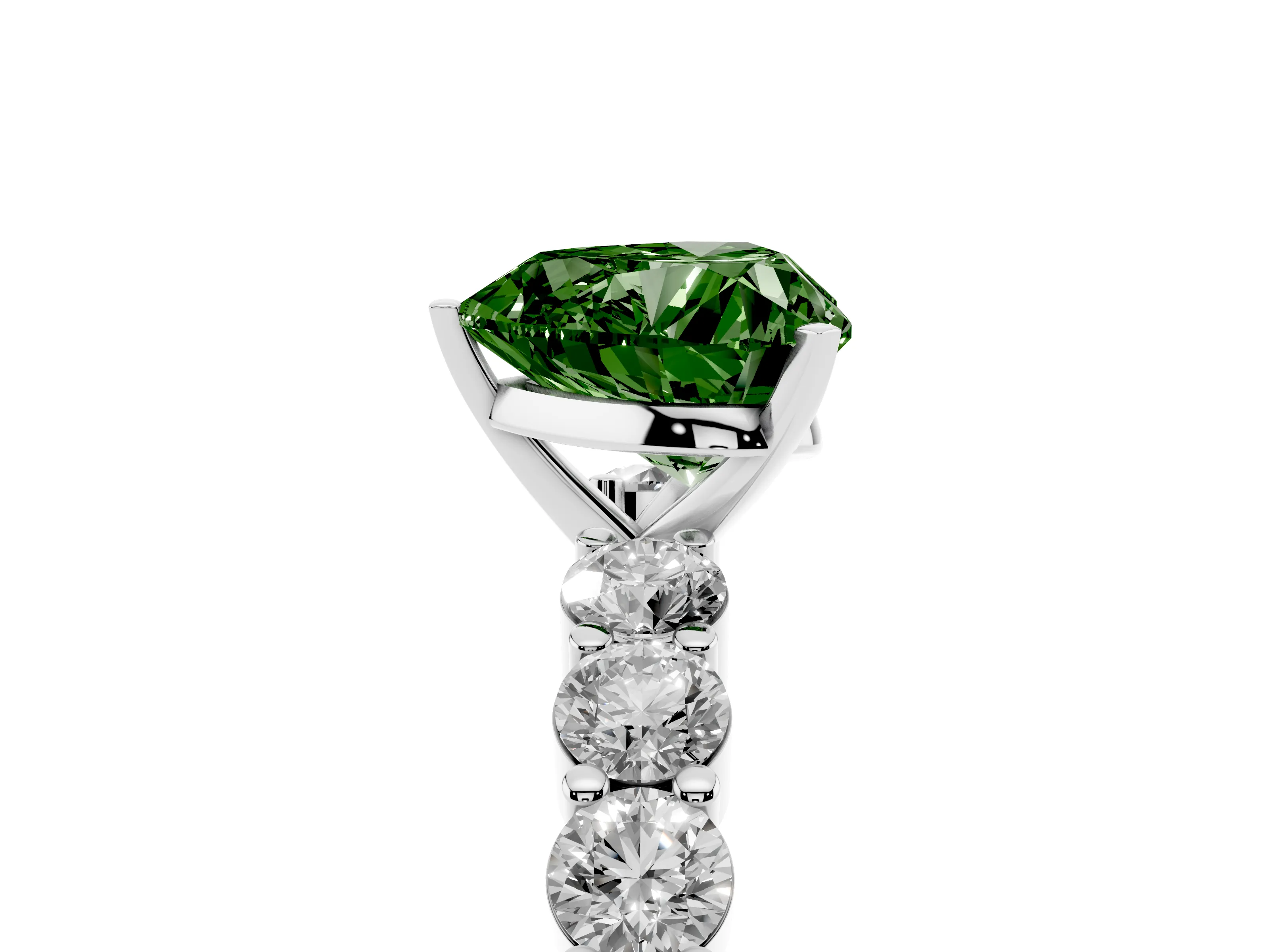 Fancy Green Heart Cut Diamond Solitaire Ring Set in White gold with Shared Prong Round Side Stones