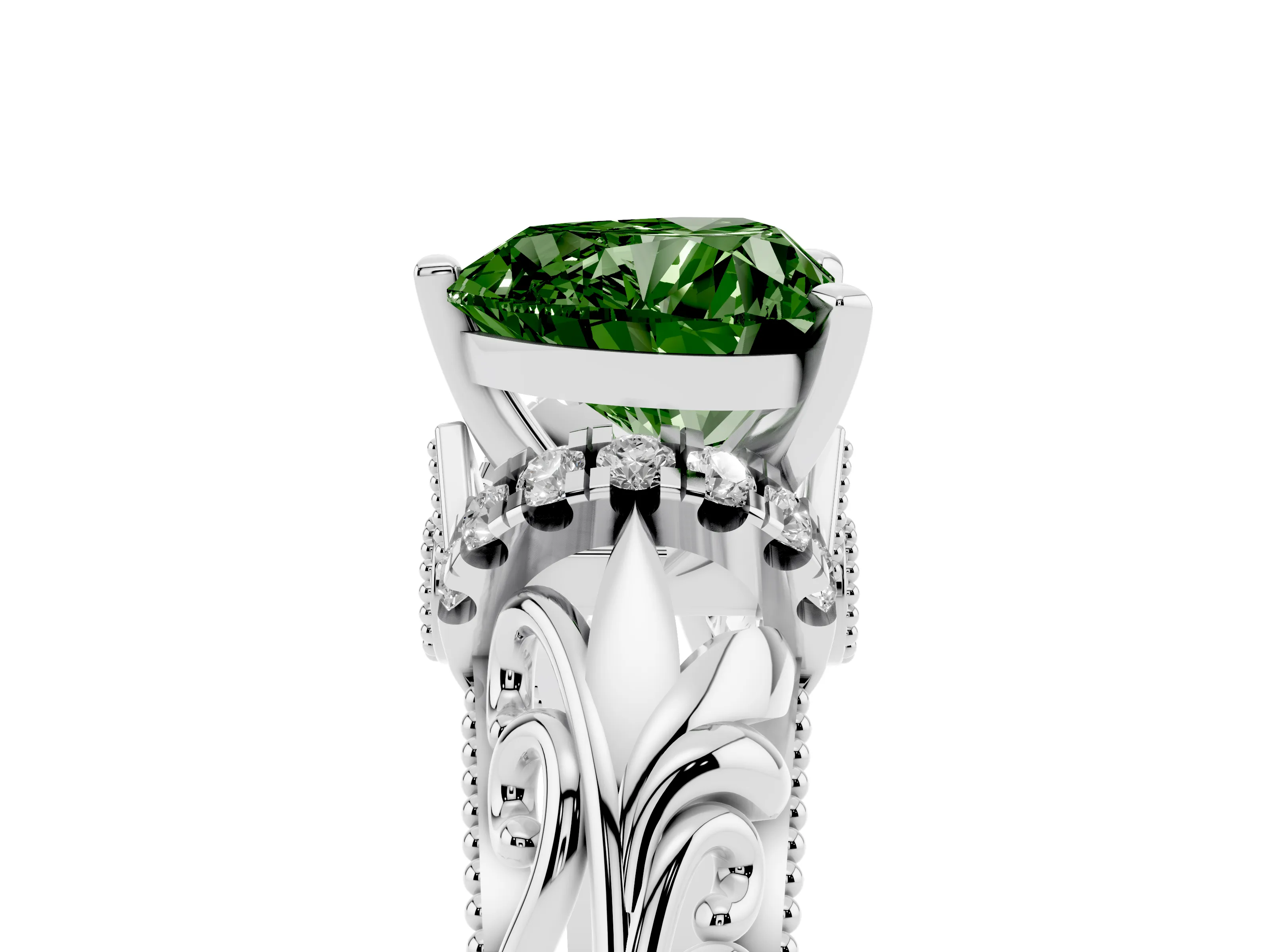 Fancy Green Heart Cut Diamond Filigree Halo Engagement Ring Set in Silver with Prong Setting