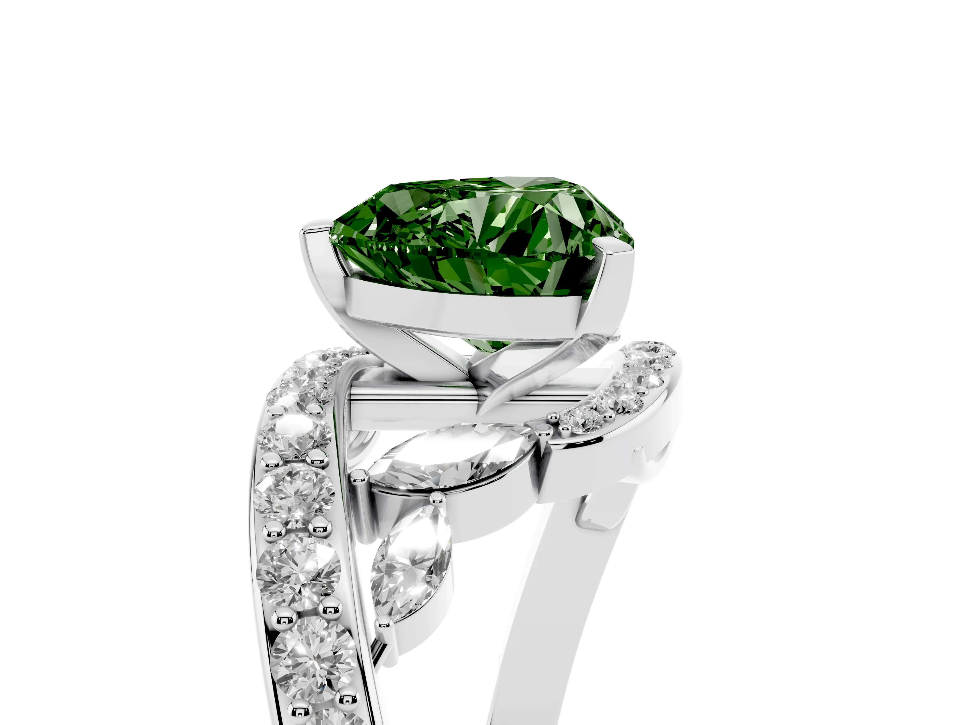 Fancy Green Heart Cut Diamond Solitaire Ring Set in Silver with Pavé Twist Band and Secure Prong Setting